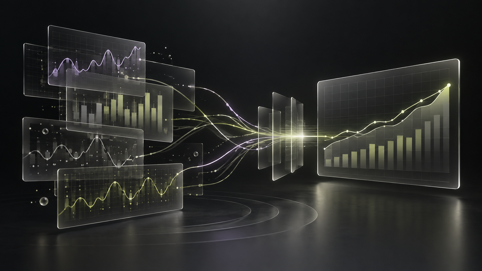 Abstract visualization of inconsistent analytics data resolving into one clear system