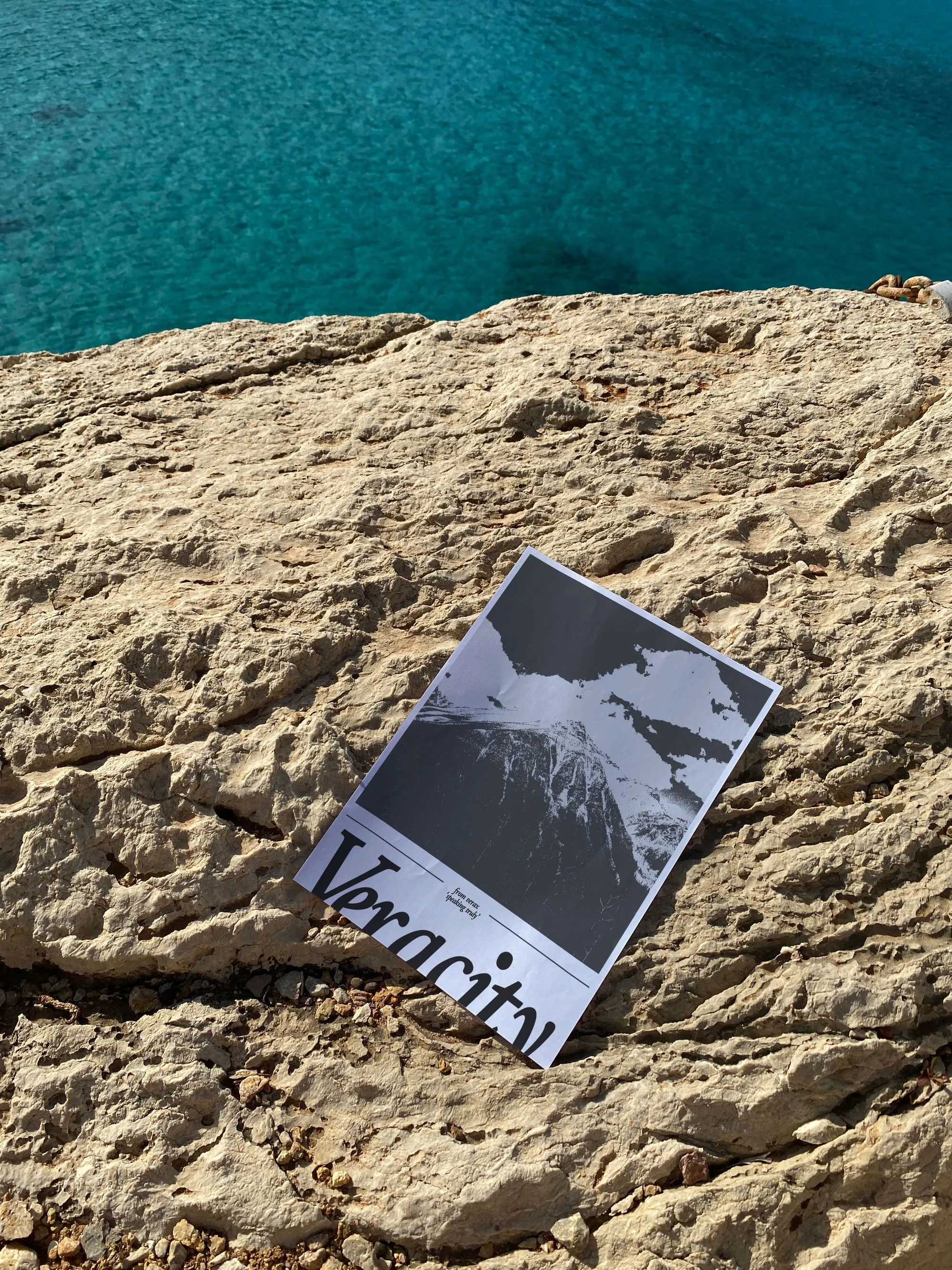 Poster leaning against a rock next to the sea