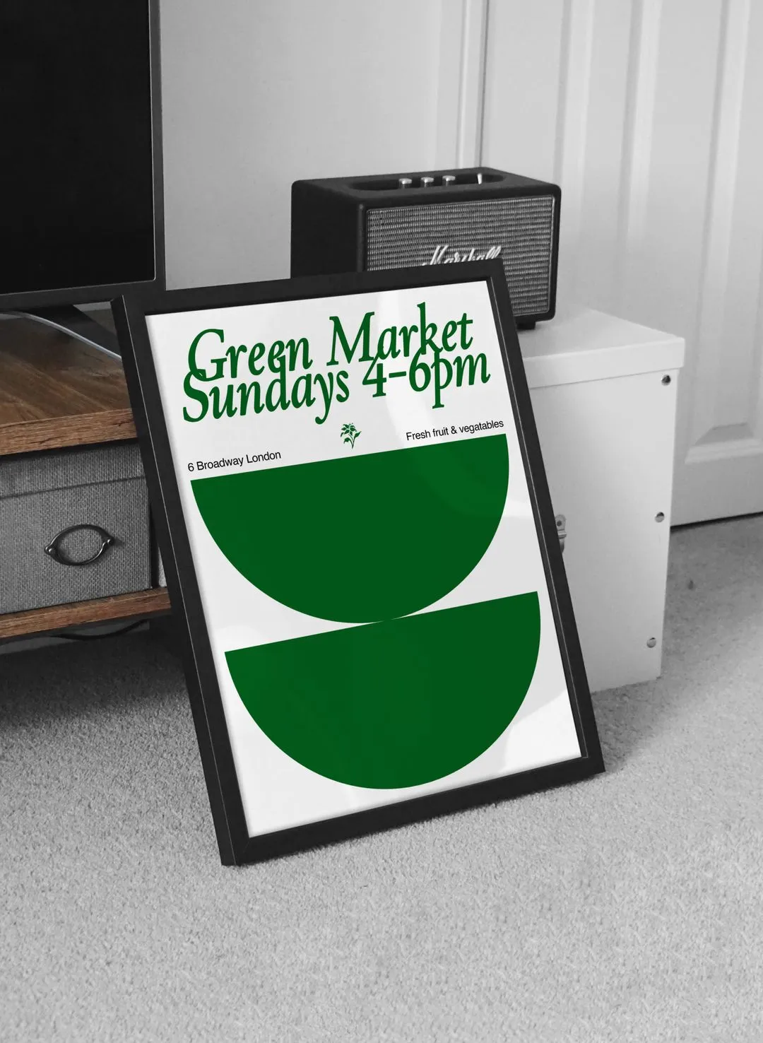 A bold green geometric design that displays the days and location details of a market