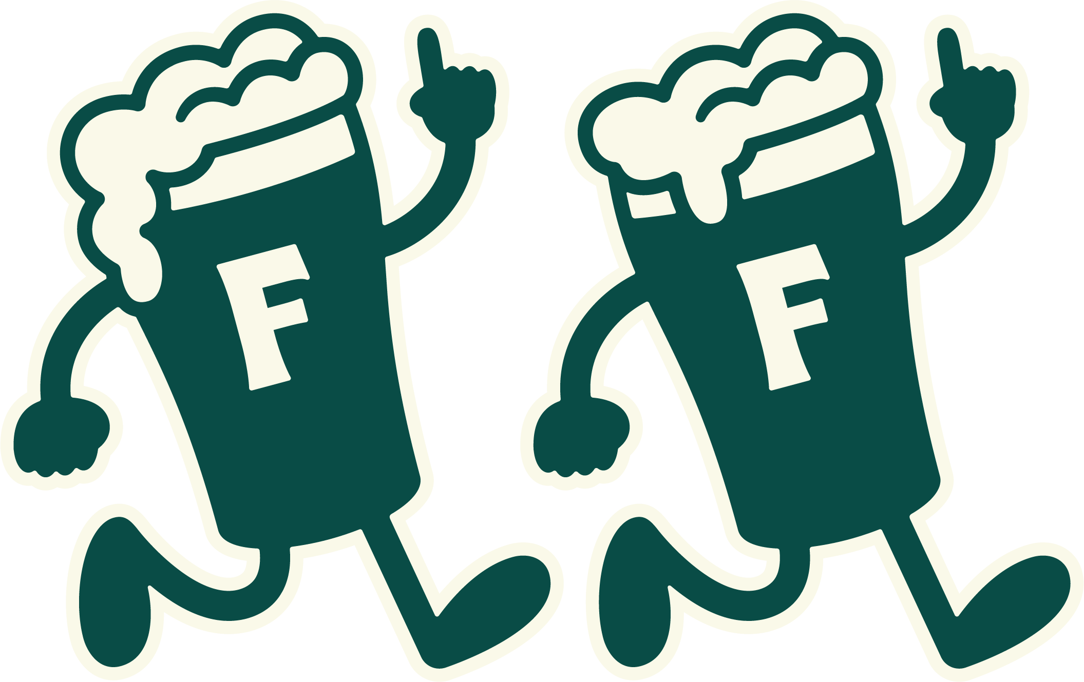 Two cartoon beer glasses with foam on top, each with an 'F' on the front, running with one arm raised.