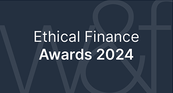 Icon for the Ethical Finance Awards 2024 by Wealth & Financial. A grey 'w&f' is on a dark blue background, overlaid by white text 'Ethical Finance Awards 2024'
