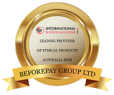Round, gold-bordered award logo, with ribbon motif along the bottom. The logo names Beforepay Group as the leading provider of ethical products Australia 2024.