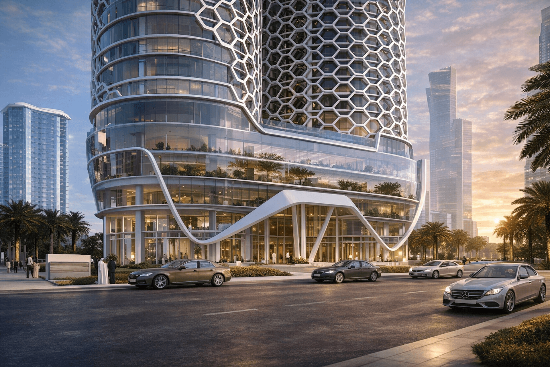 Modern futuristic building with curved architecture and hexagonal patterns at sunset with luxury cars