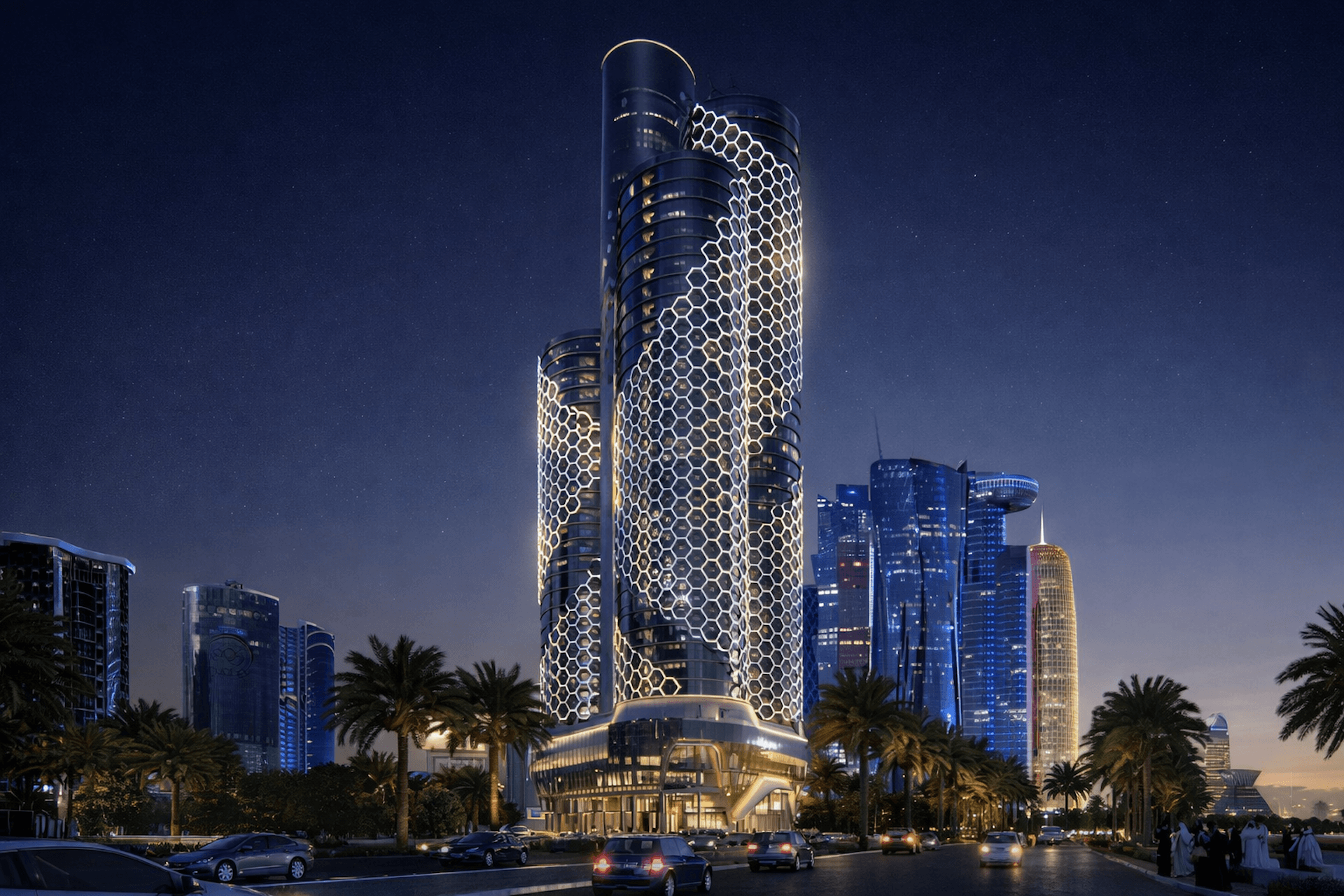 Modern illuminated tower with honeycomb pattern design at night in urban cityscape with palm trees