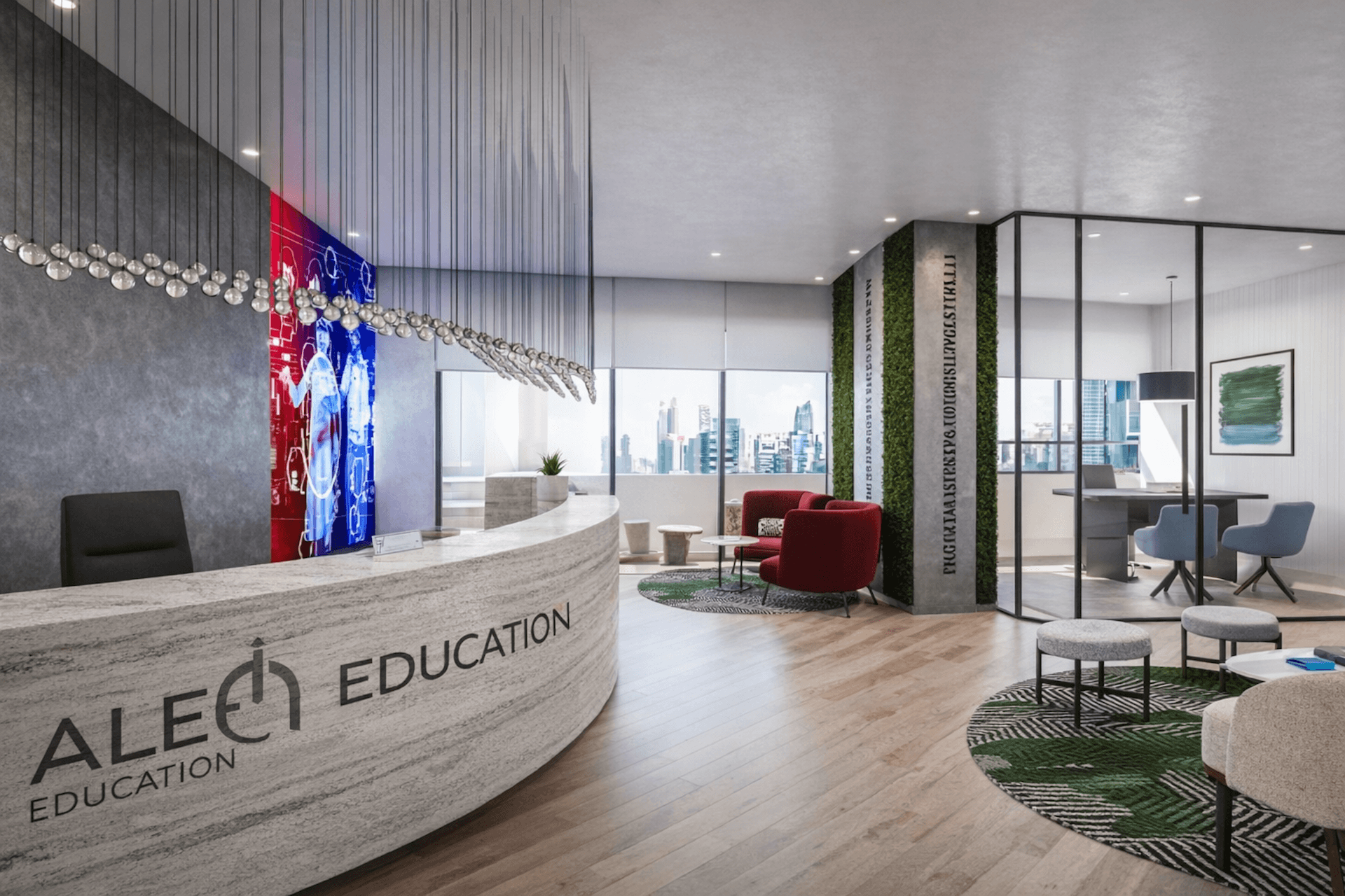 Modern Alecq Education office lobby with reception desk, city skyline views, and contemporary furnishings