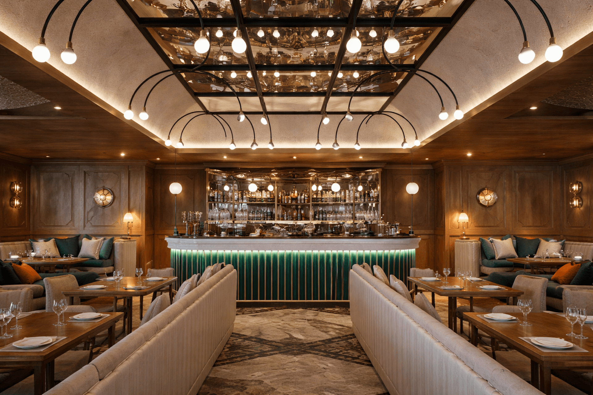 Luxurious upscale restaurant interior with wooden beams, elegant lighting, green bar, and dining seating