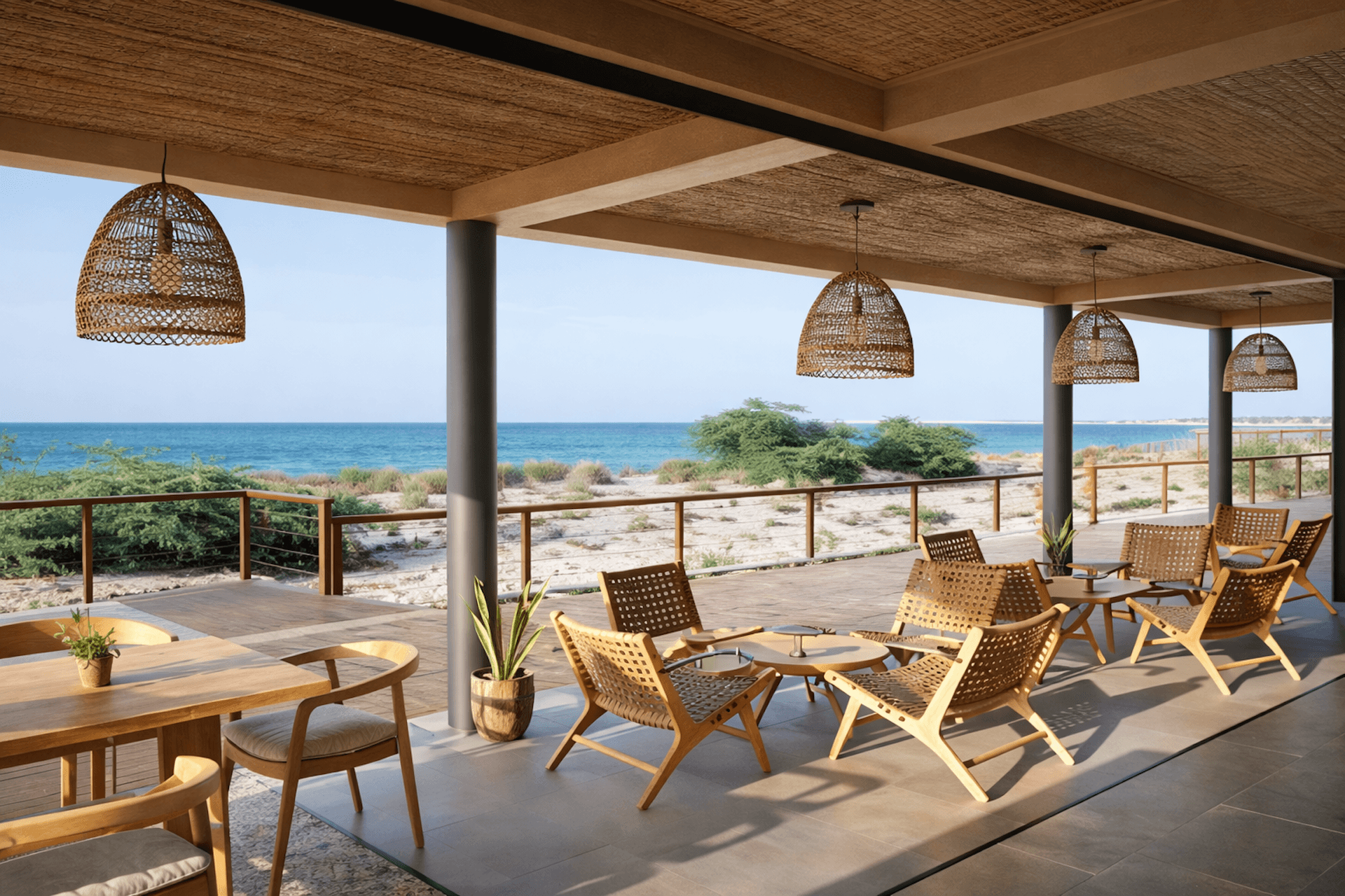 Modern beachfront patio with woven pendant lights, wooden furniture, ocean views.