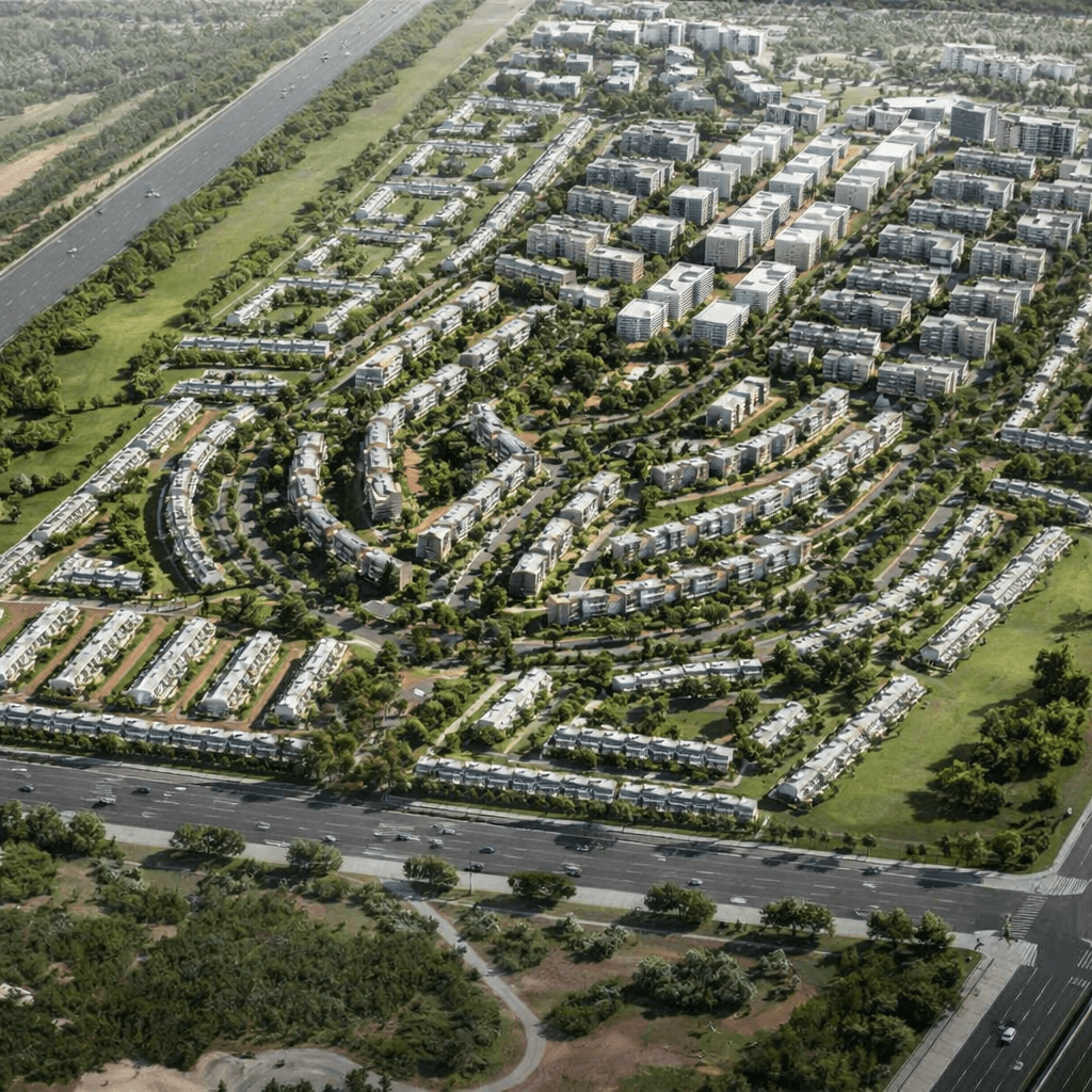 Aerial view of planned suburban residential neighborhood with modern apartment buildings and green spaces