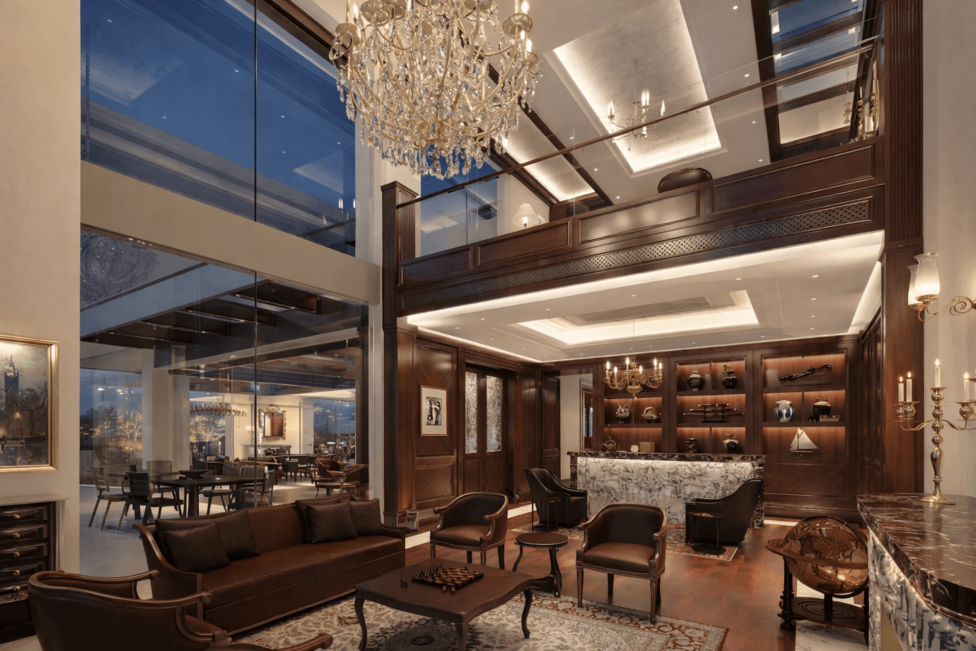 Luxurious modern penthouse with double-height ceilings, crystal chandelier, and panoramic city views