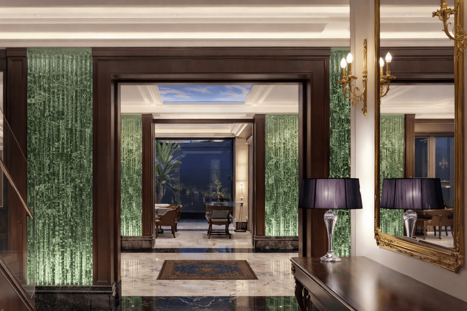 Elegant interior hallway with dark wood framing, green curtains, and gold accents