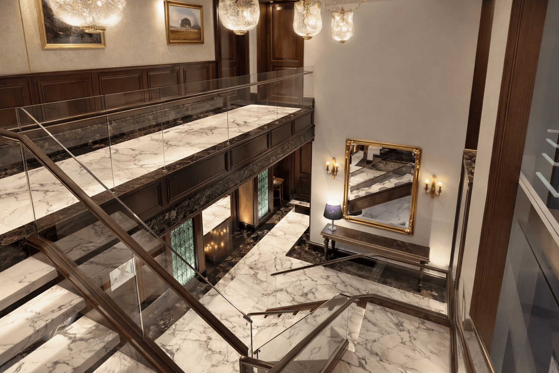 Elegant luxury retail store with marble floors, glass displays, and crystal chandeliers overhead.