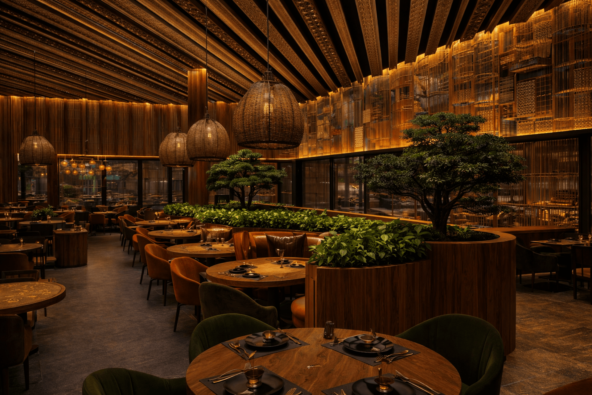 Elegant upscale restaurant with wooden accents, hanging lamps, tables, and green plants.