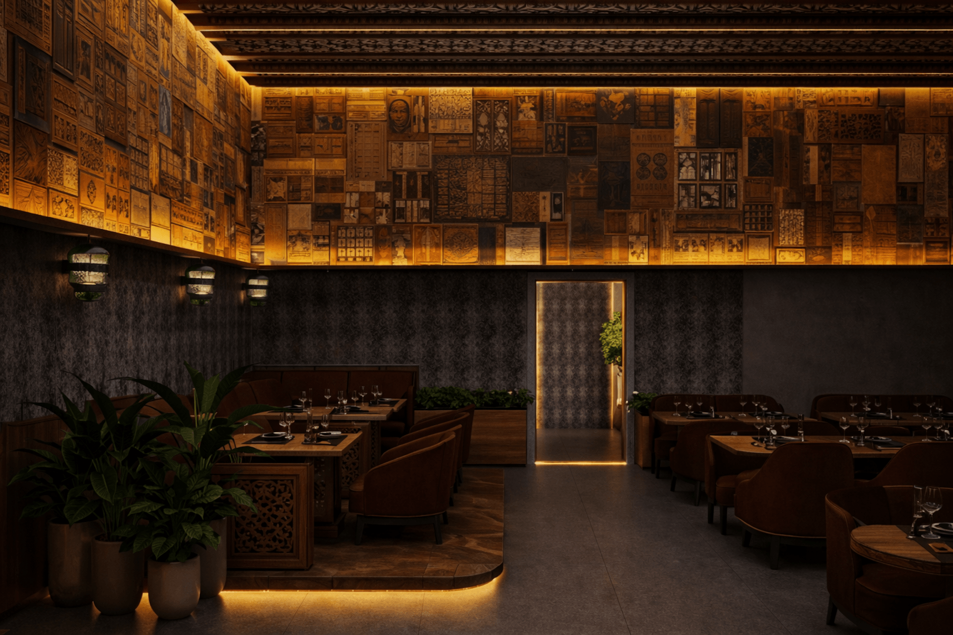 Elegant Asian-inspired restaurant interior with illuminated wooden artwork wall and modern dining setup.