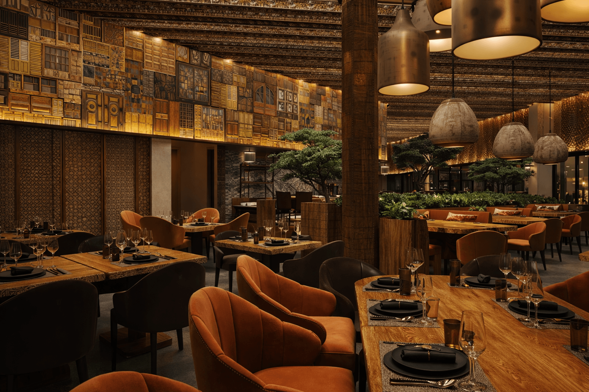 Upscale restaurant interior with wood tables, orange chairs, hanging pendant lights, and decorative wall panels.