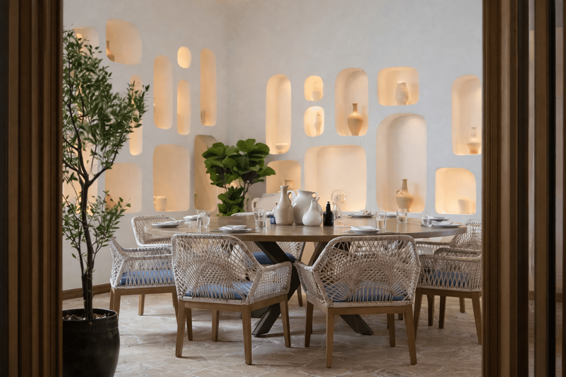 Modern dining room with woven chairs, round table, and lit wall niches displaying ceramics.