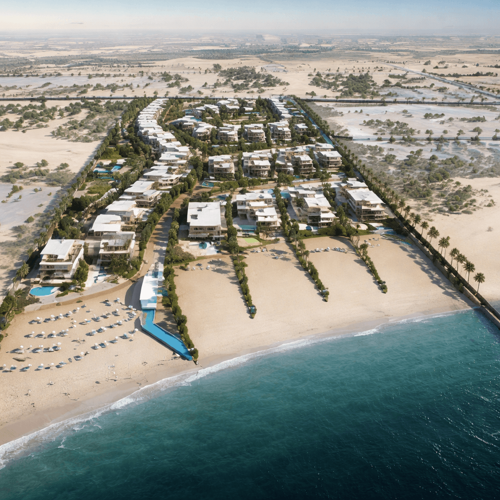 Aerial view of luxury beachfront resort development with rows of villas, pools, and palm-lined grounds along ocean.