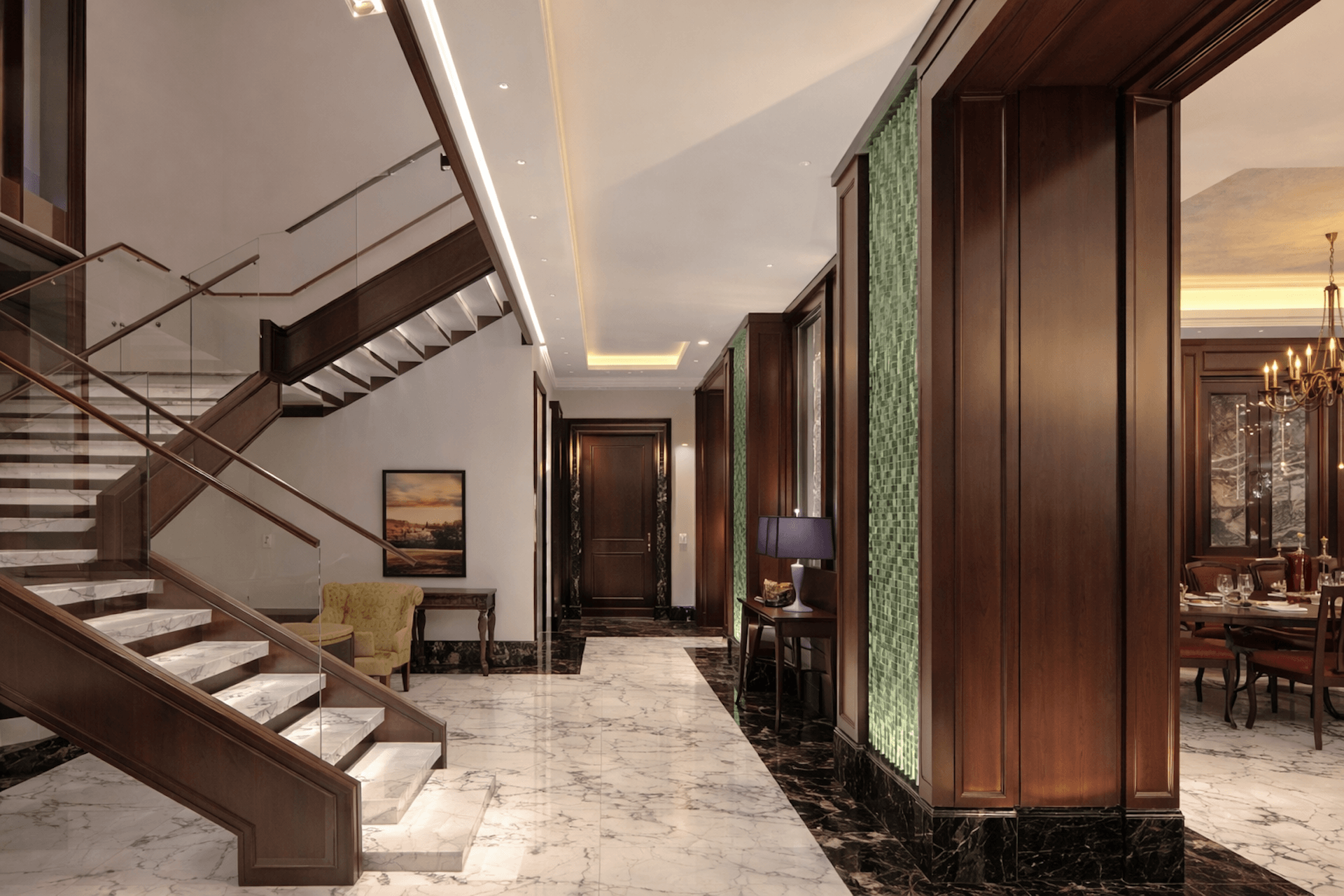 Luxury modern foyer with marble floors, wooden staircase, and elegant dark wood interior doors