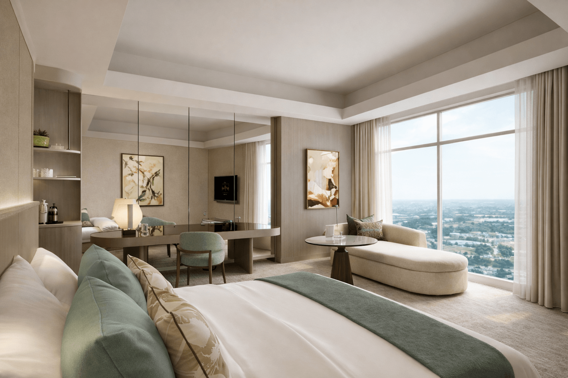 Modern luxury hotel suite with panoramic windows, bedroom with green accents, and city views