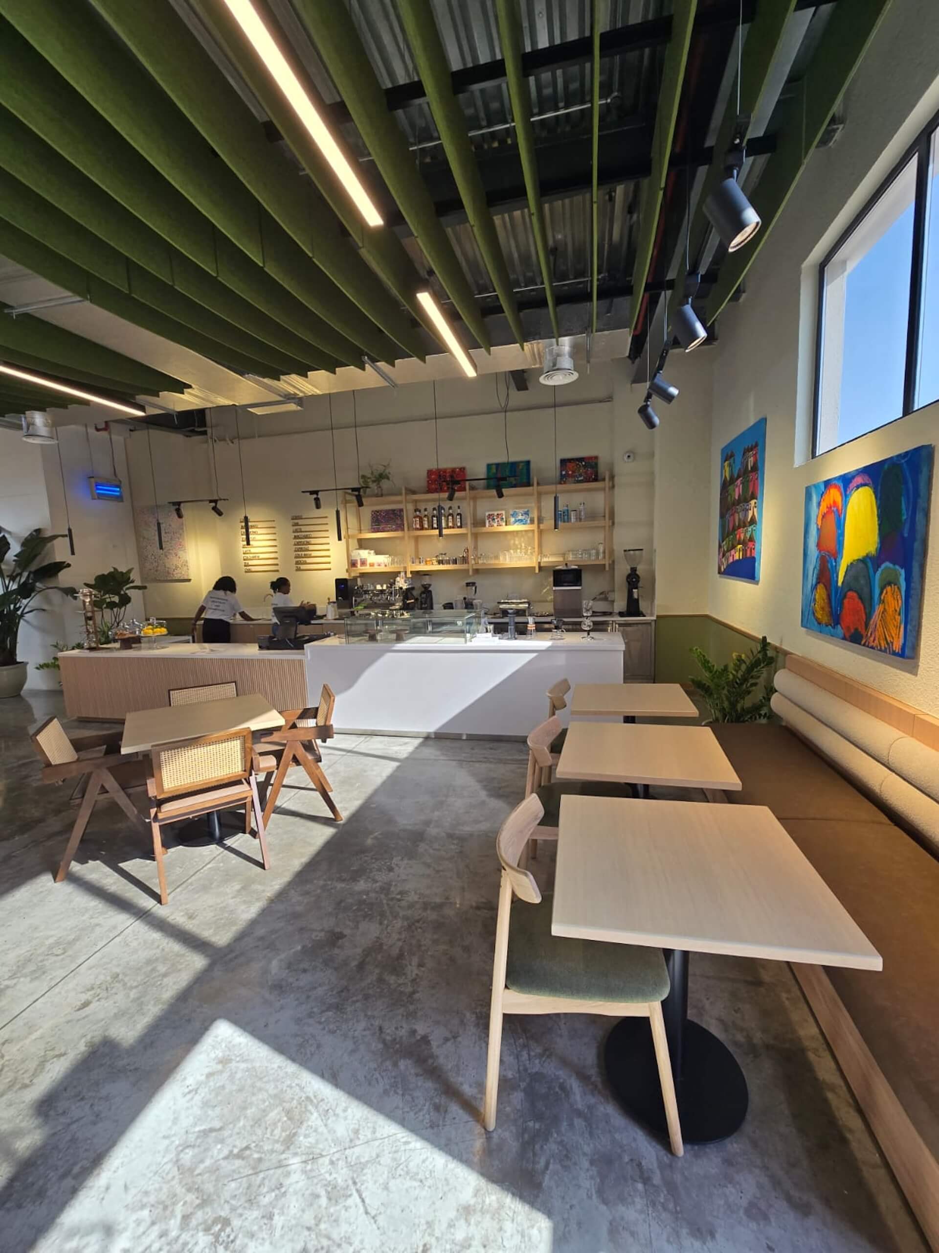 Modern café interior with wooden tables, chairs, green ceiling, counter, and colorful parrot artwork.