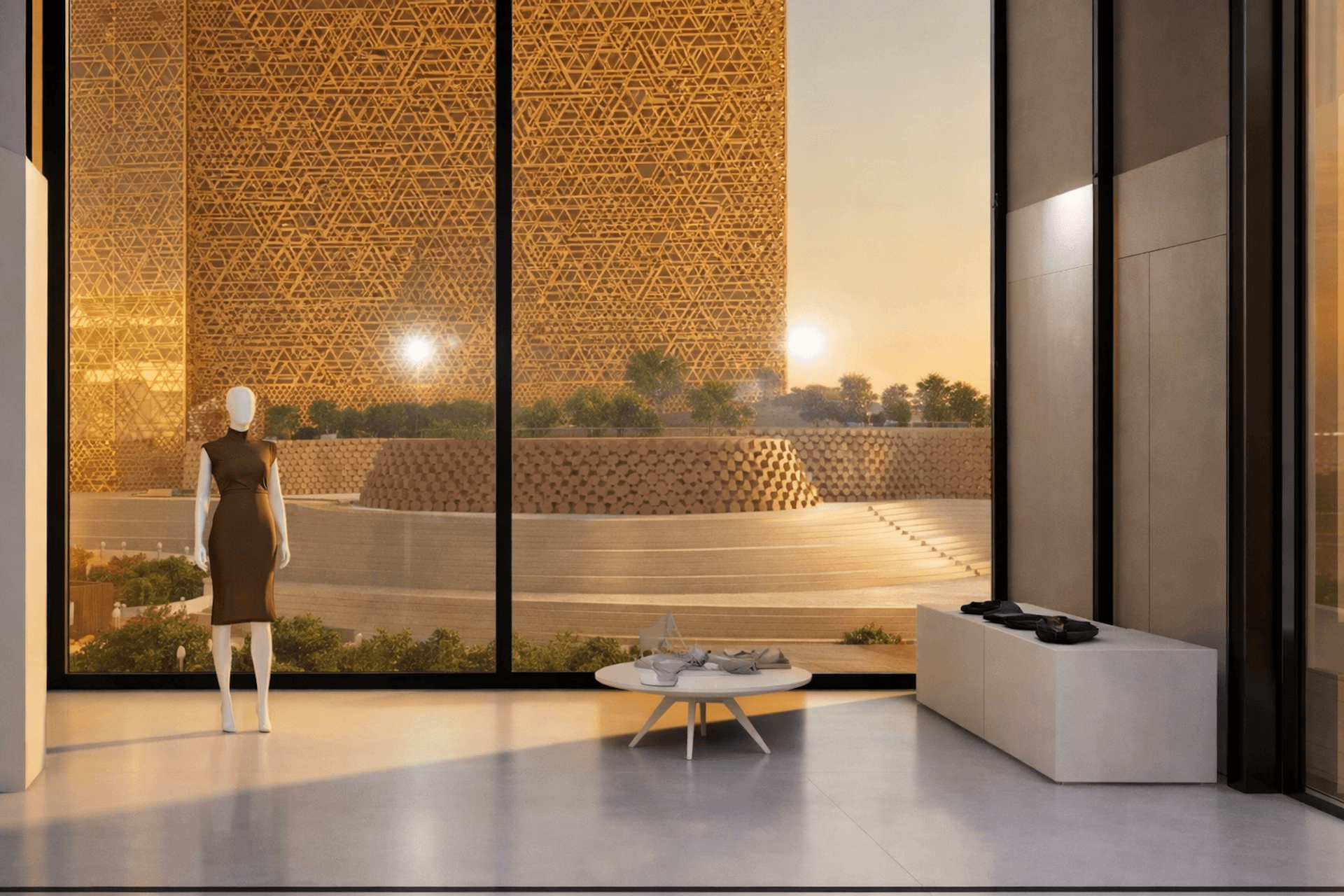 Mannequin in modern gallery with large windows overlooking geometric patterned landscape at sunset