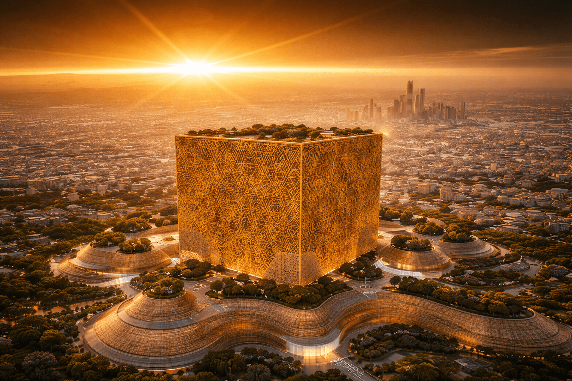 Golden cube-shaped building hovering above futuristic cityscape at sunset with downtown skyline visible