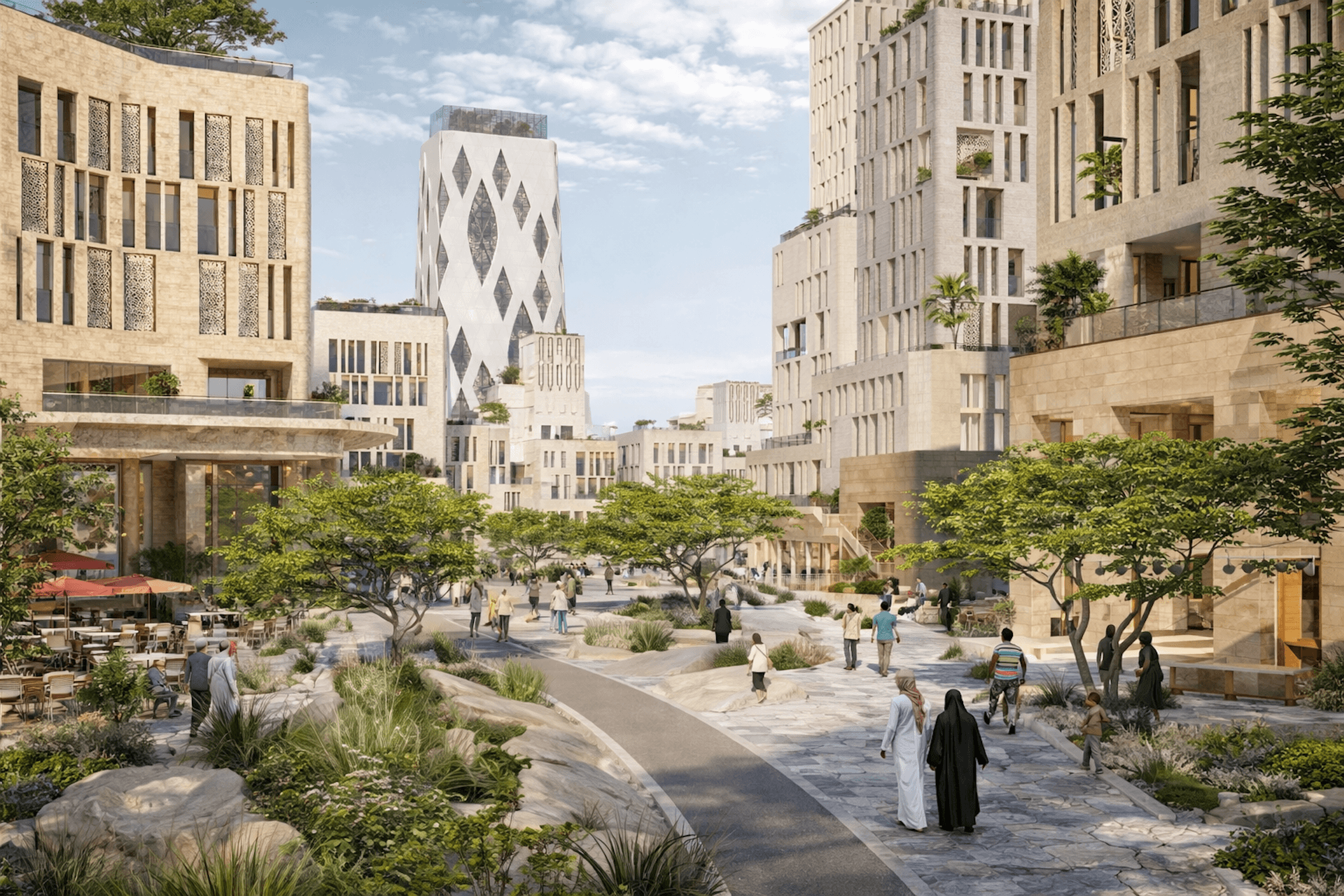 Modern architectural plaza with cream limestone buildings and distinctive diamond-patterned tower, featuring public seating areas and landscaping.