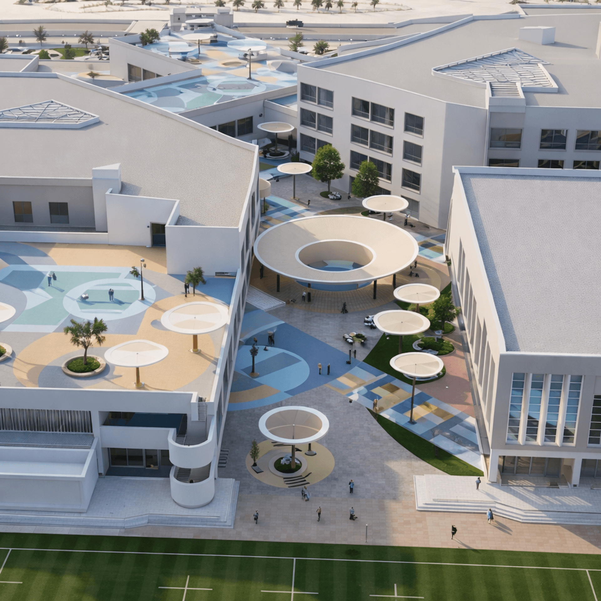 Aerial view of modern residential complex courtyard with white umbrellas and colorful paving design.
