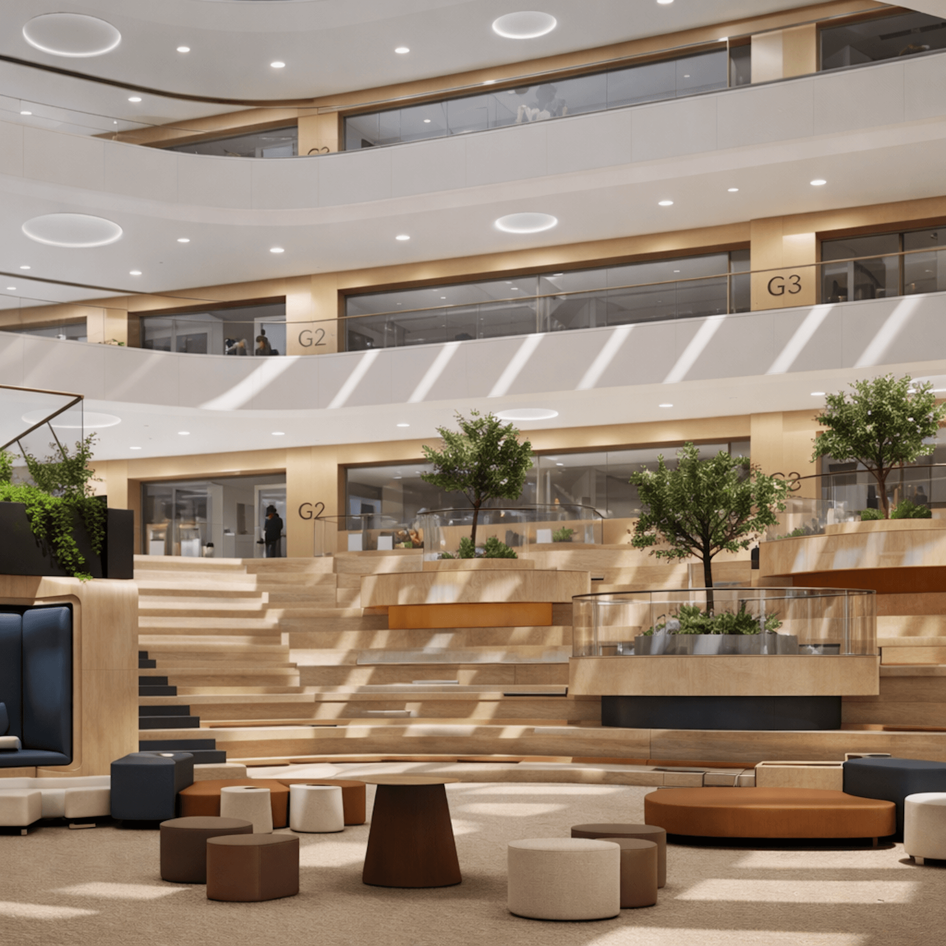 Modern multi-level atrium with wooden tiered seating, glass railings, and circular furniture.