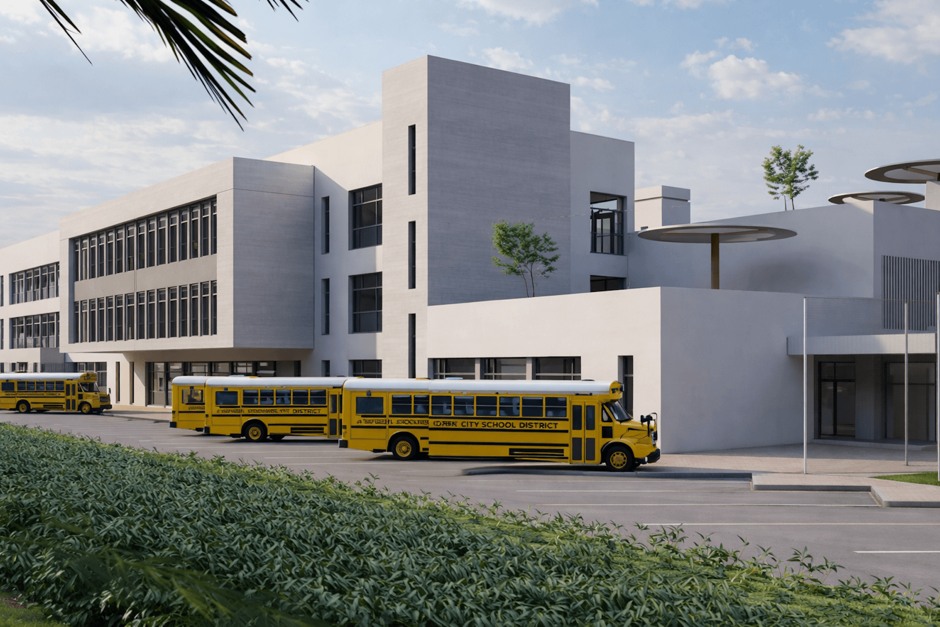 Yellow school buses parked in front of modern institutional building with white and gray architecture.