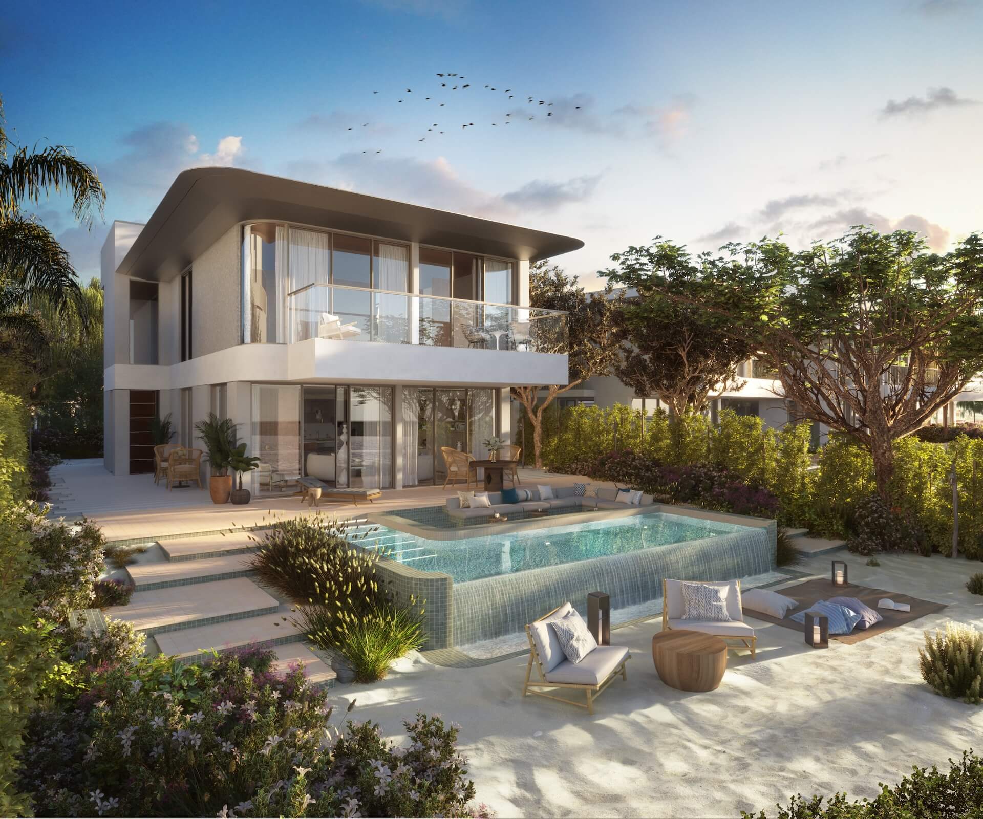 Modern two-story white house with curved roof, pool, and landscaped garden