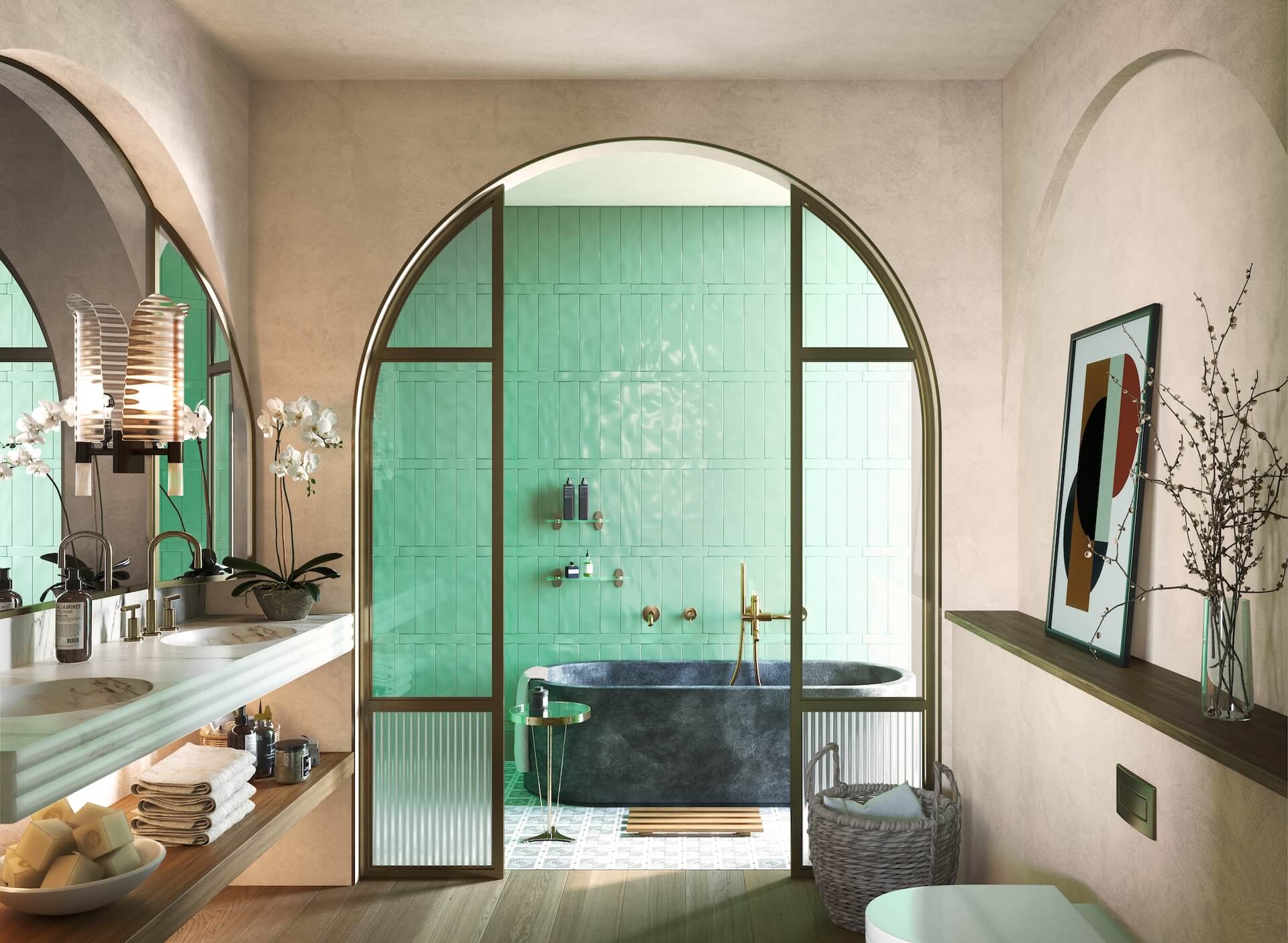 Modern bathroom with arched glass doors, mint green tiles, dark bathtub, and elegant vanity