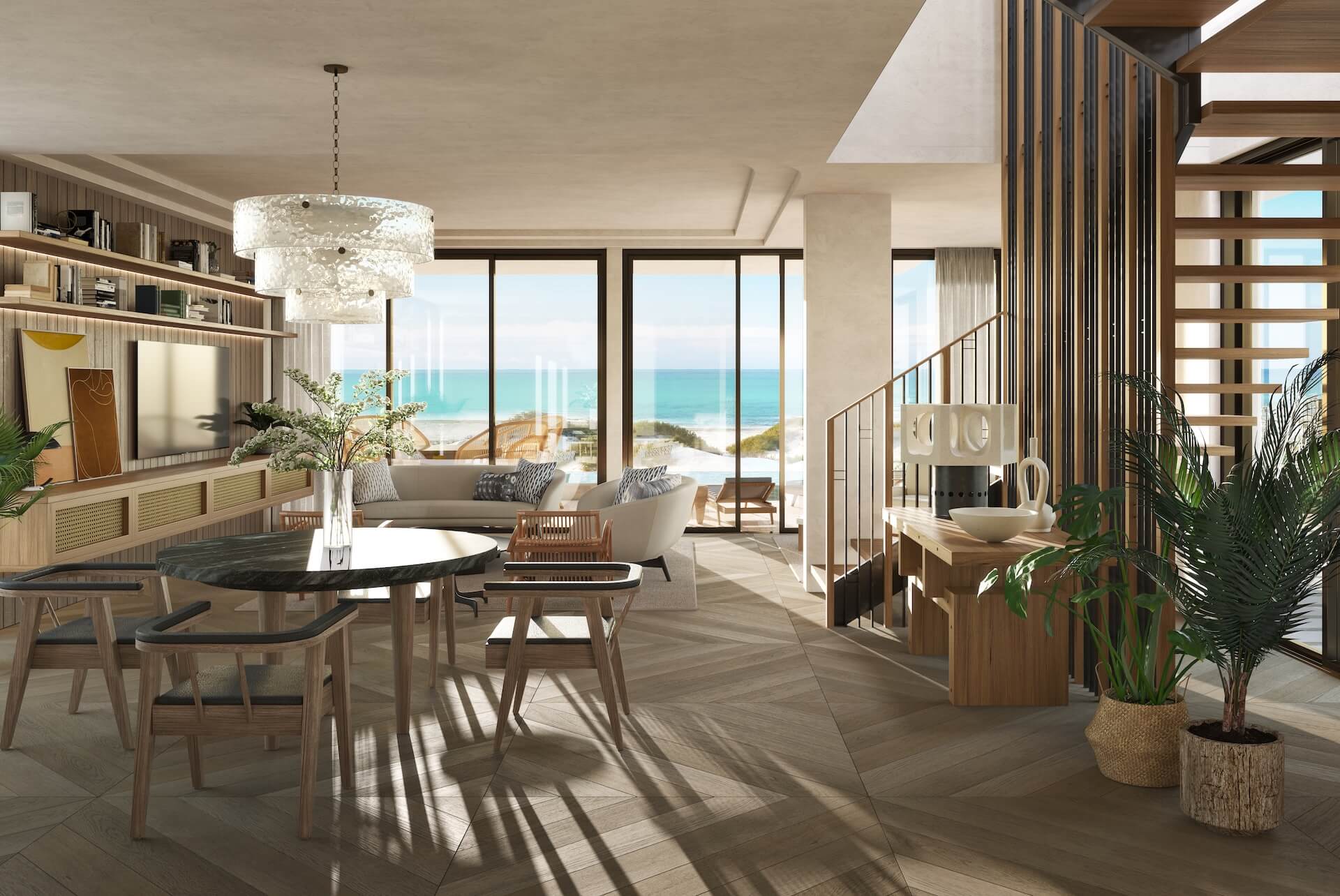 Modern beachfront apartment interior with ocean views, dining table, and coastal furnishings