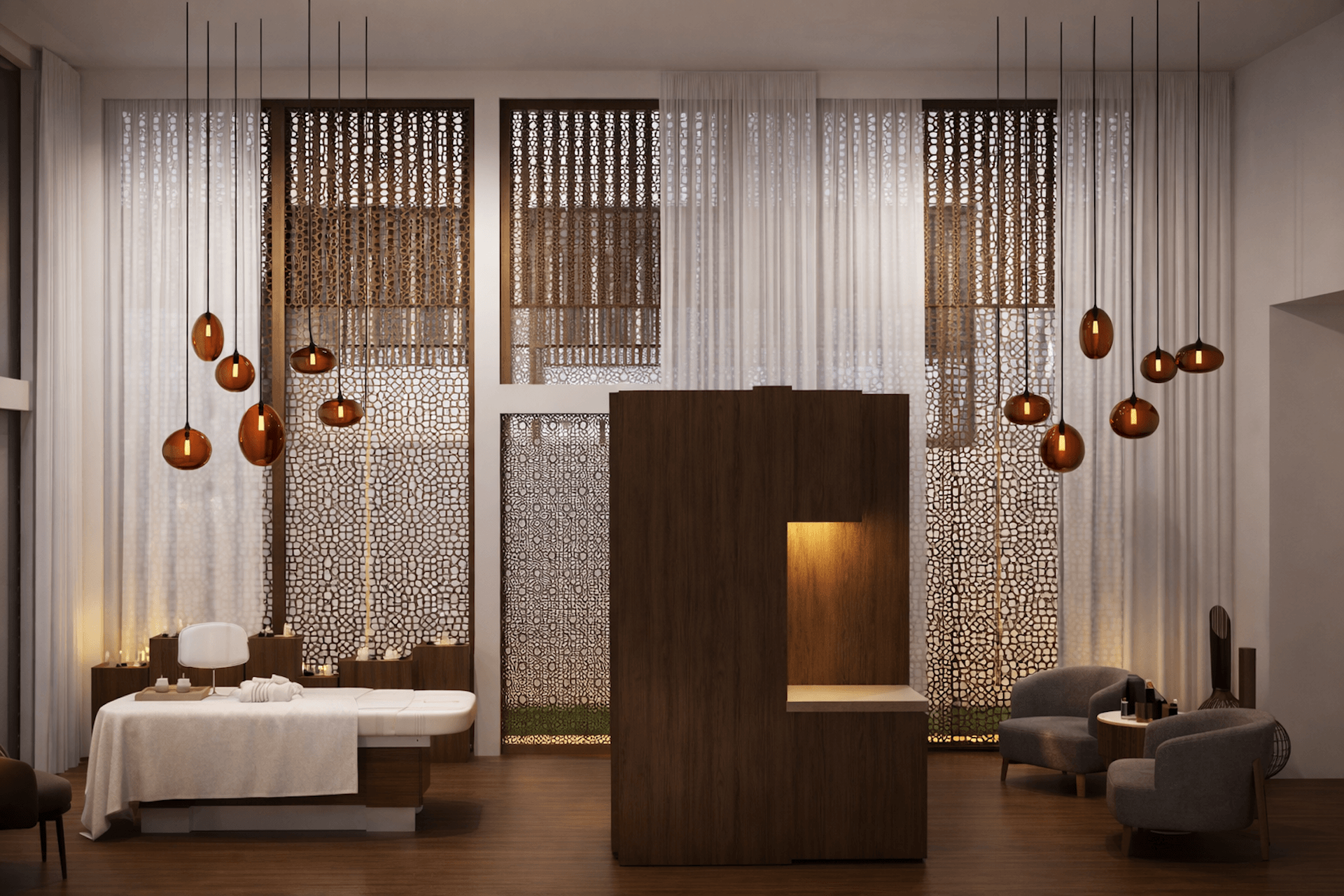 Modern spa interior with massage beds, hanging amber pendant lights, geometric screens, and minimalist furnishings.