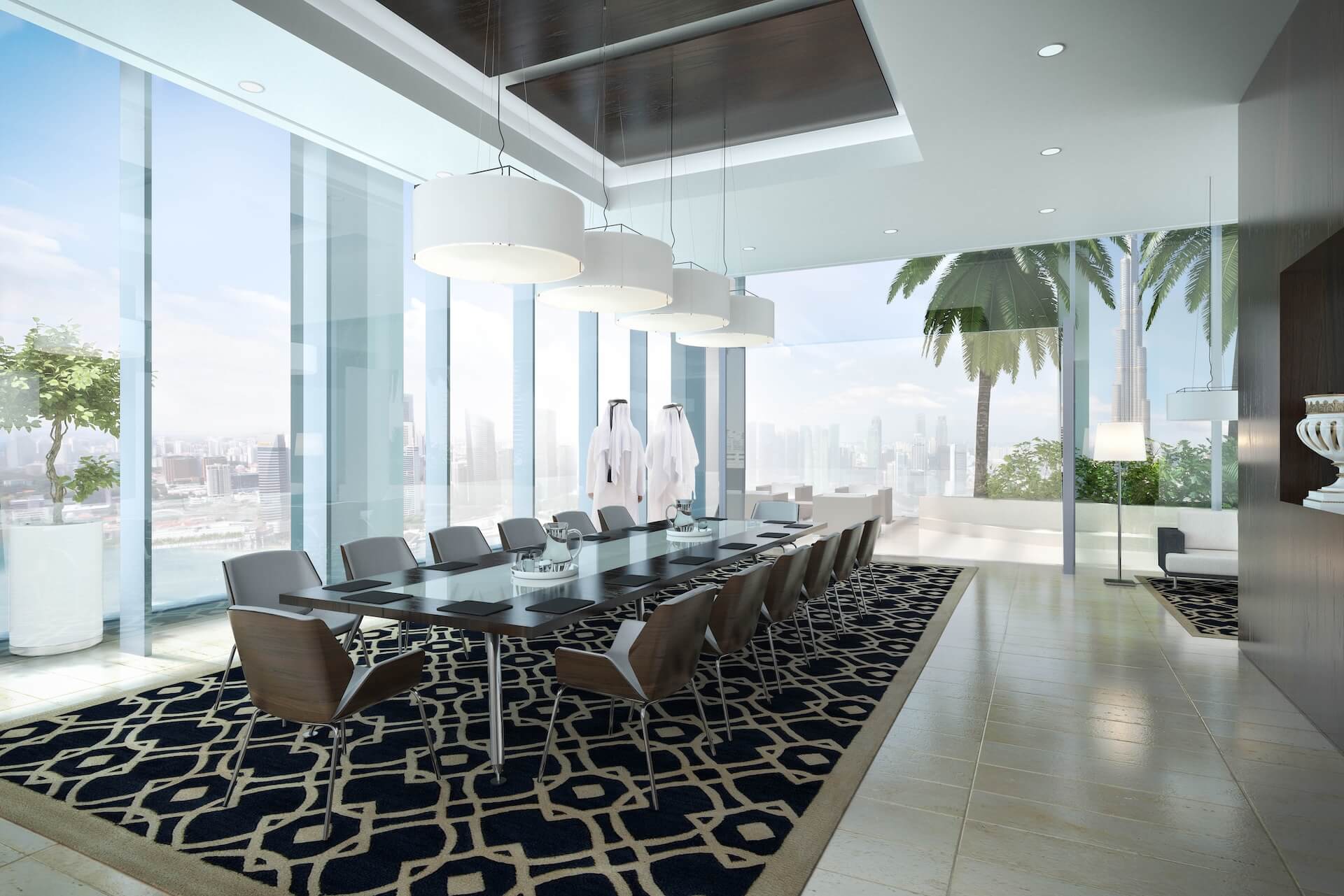 Modern high-rise conference room with floor-to-ceiling windows overlooking city skyline.