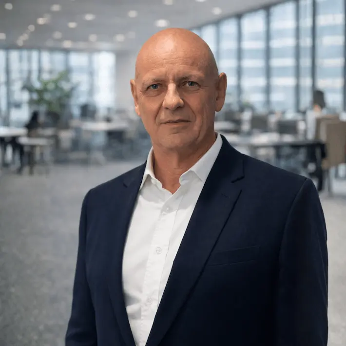 Bald man in dark blazer and white shirt standing in modern office