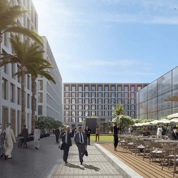 Modern urban plaza with palm trees, contemporary buildings, and people dining outdoors