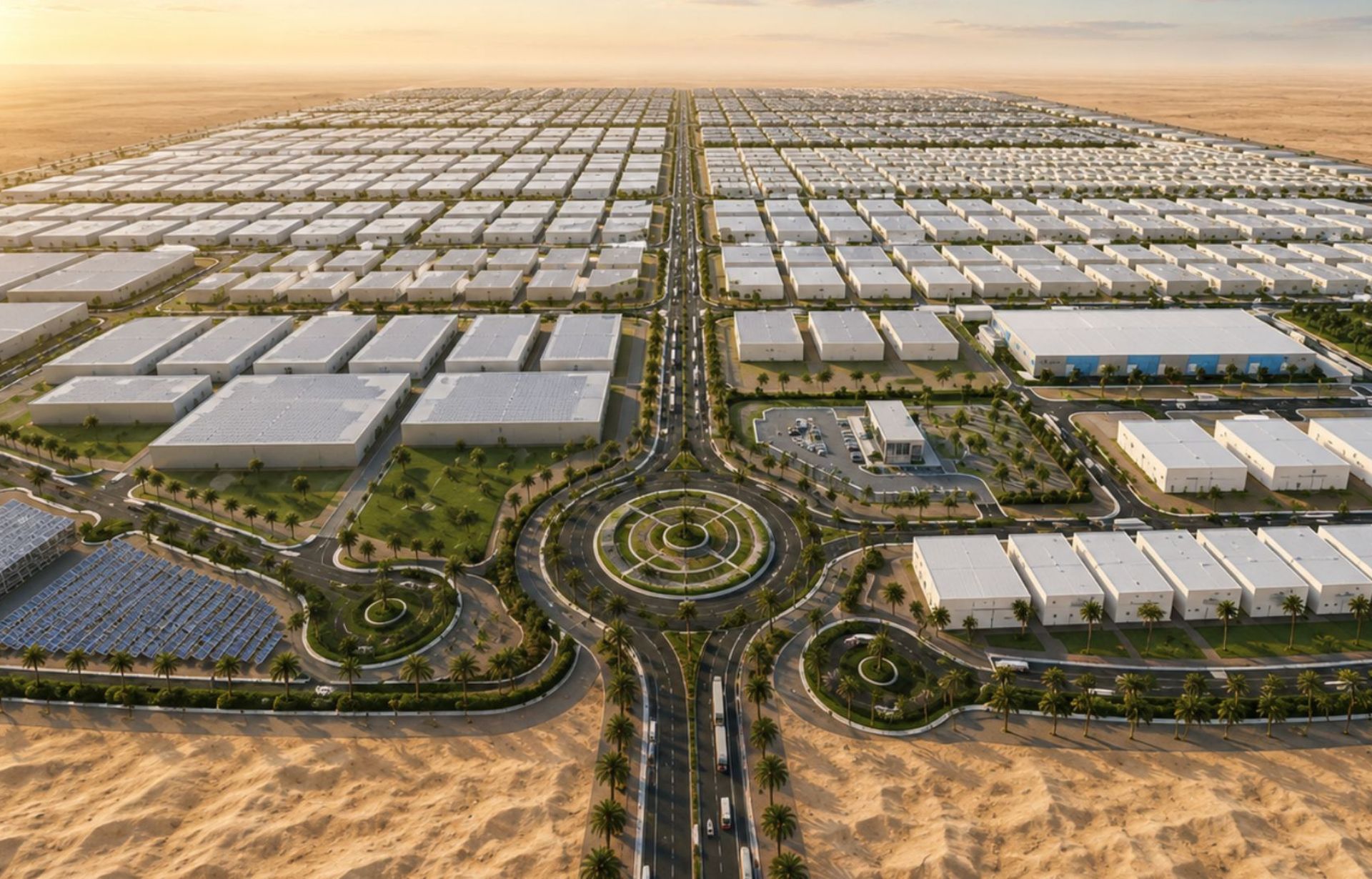 Aerial view of sprawling industrial warehouse complex in desert with circular roundabouts and solar panels