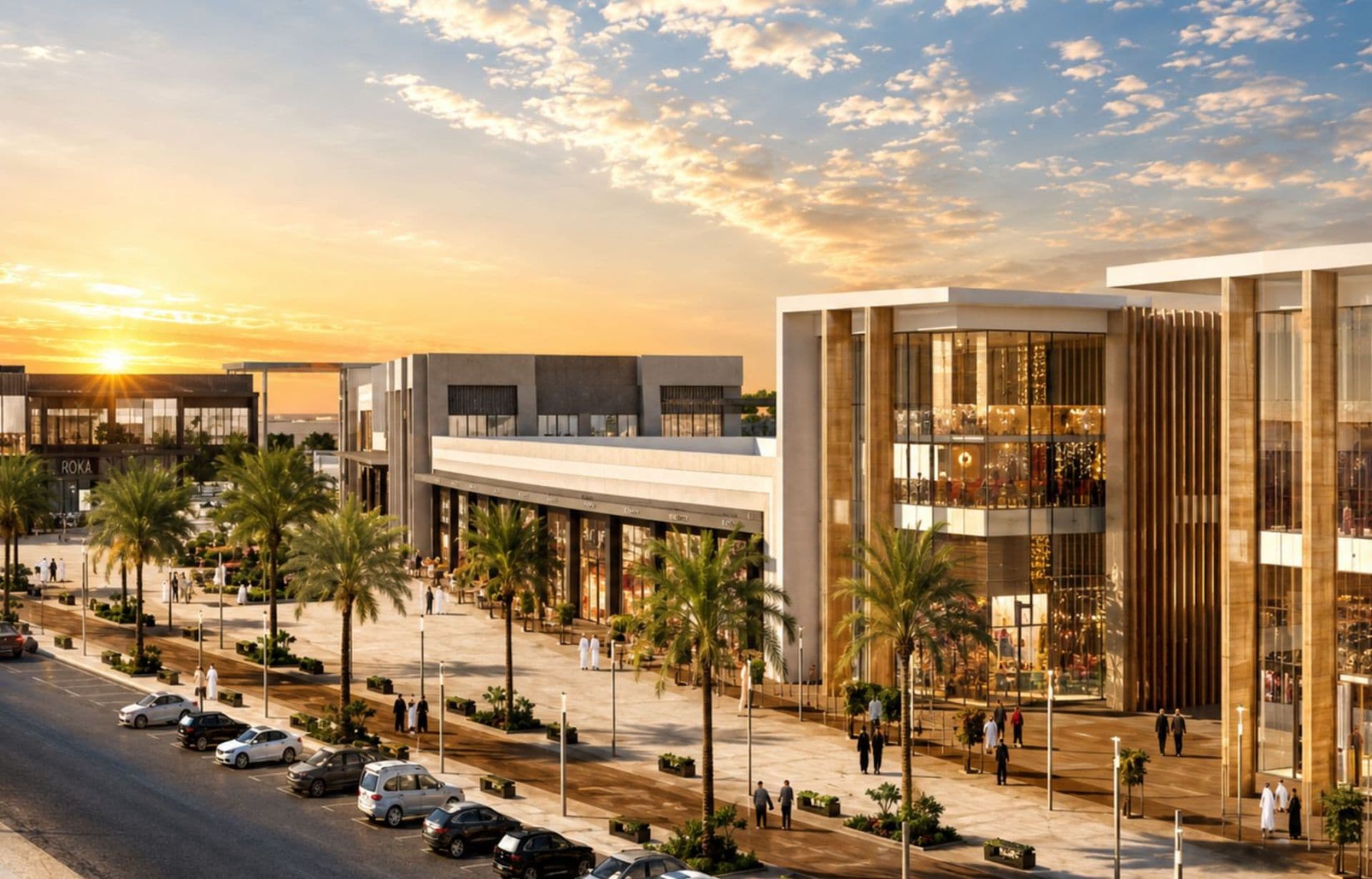 Modern shopping complex at sunset with palm trees, pedestrians, and parked cars