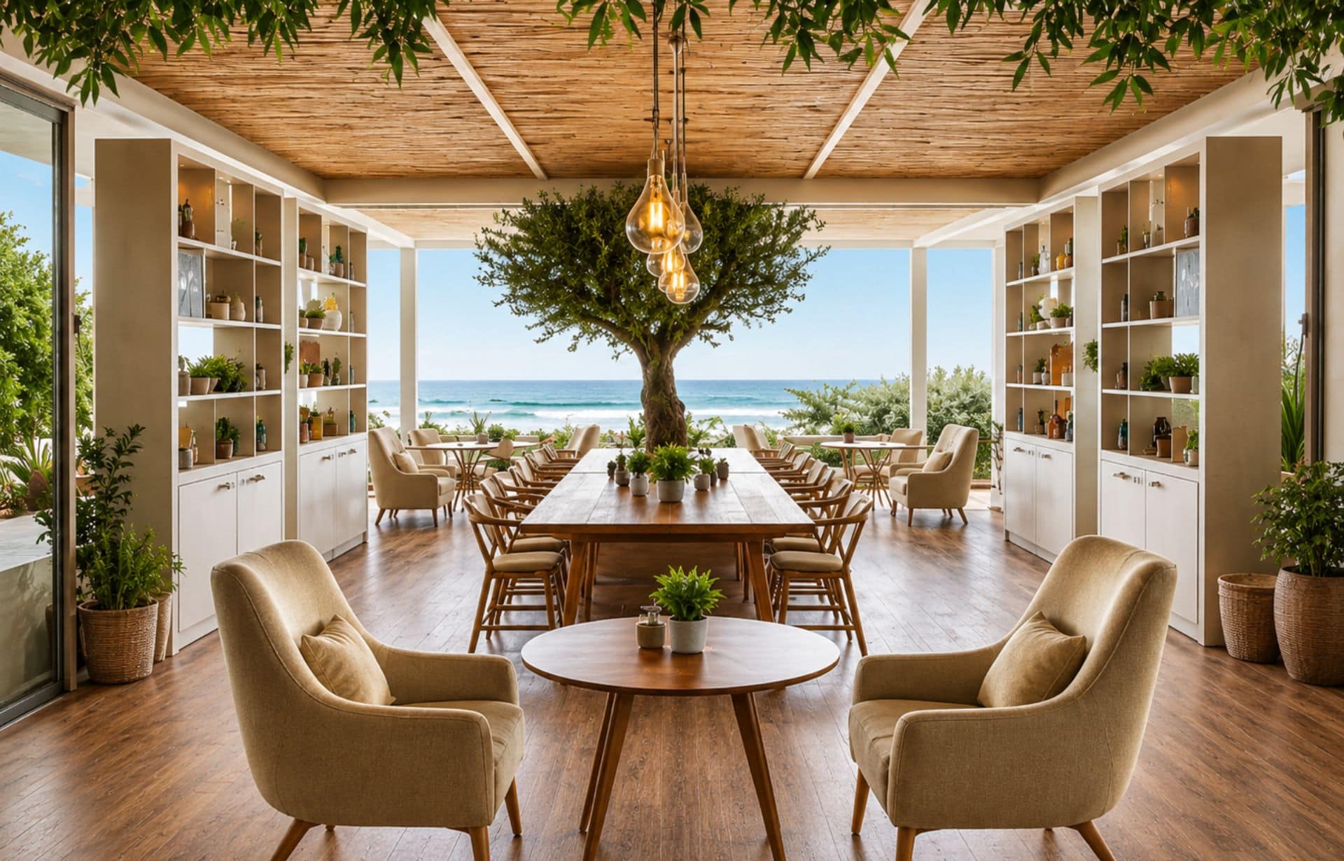 Modern coastal interior with wood ceiling, hanging plants, furniture, and ocean view