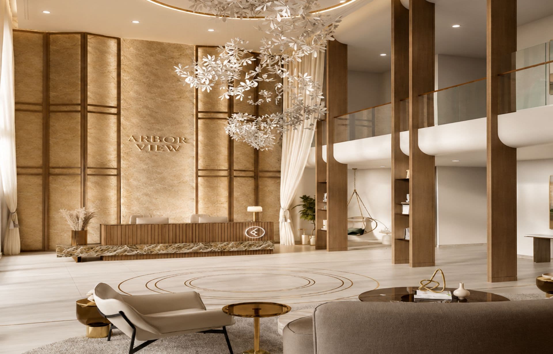 Luxury hotel lobby with modern leaf chandelier, marble floors, and warm wood accents.