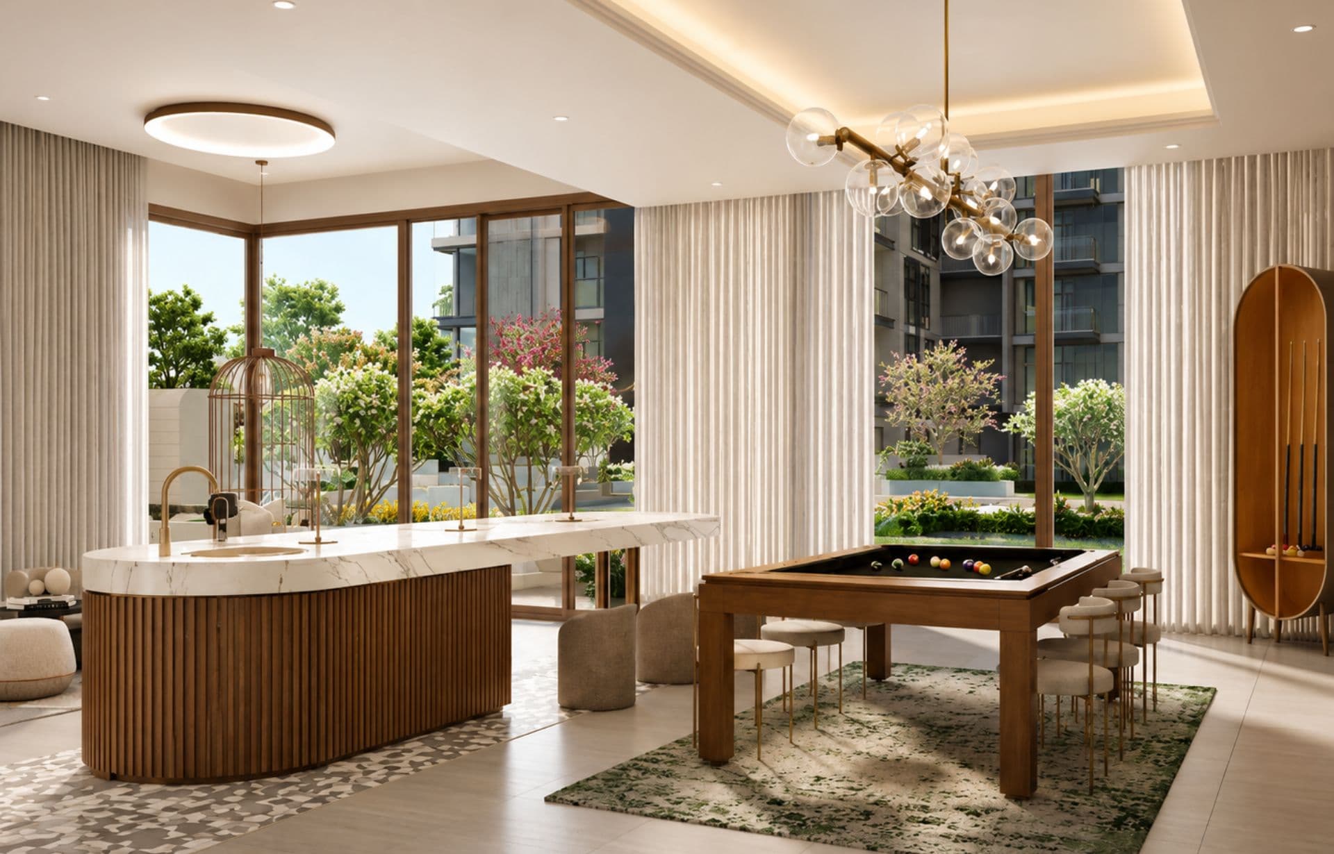 Modern luxurious game room with pool table, bar, and floor-to-ceiling windows overlooking gardens.