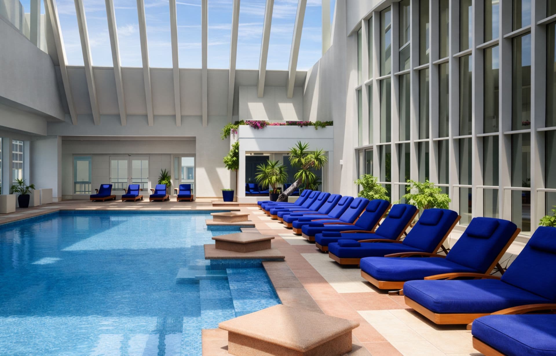 Modern indoor swimming pool with blue lounge chairs, plants, and skylights.