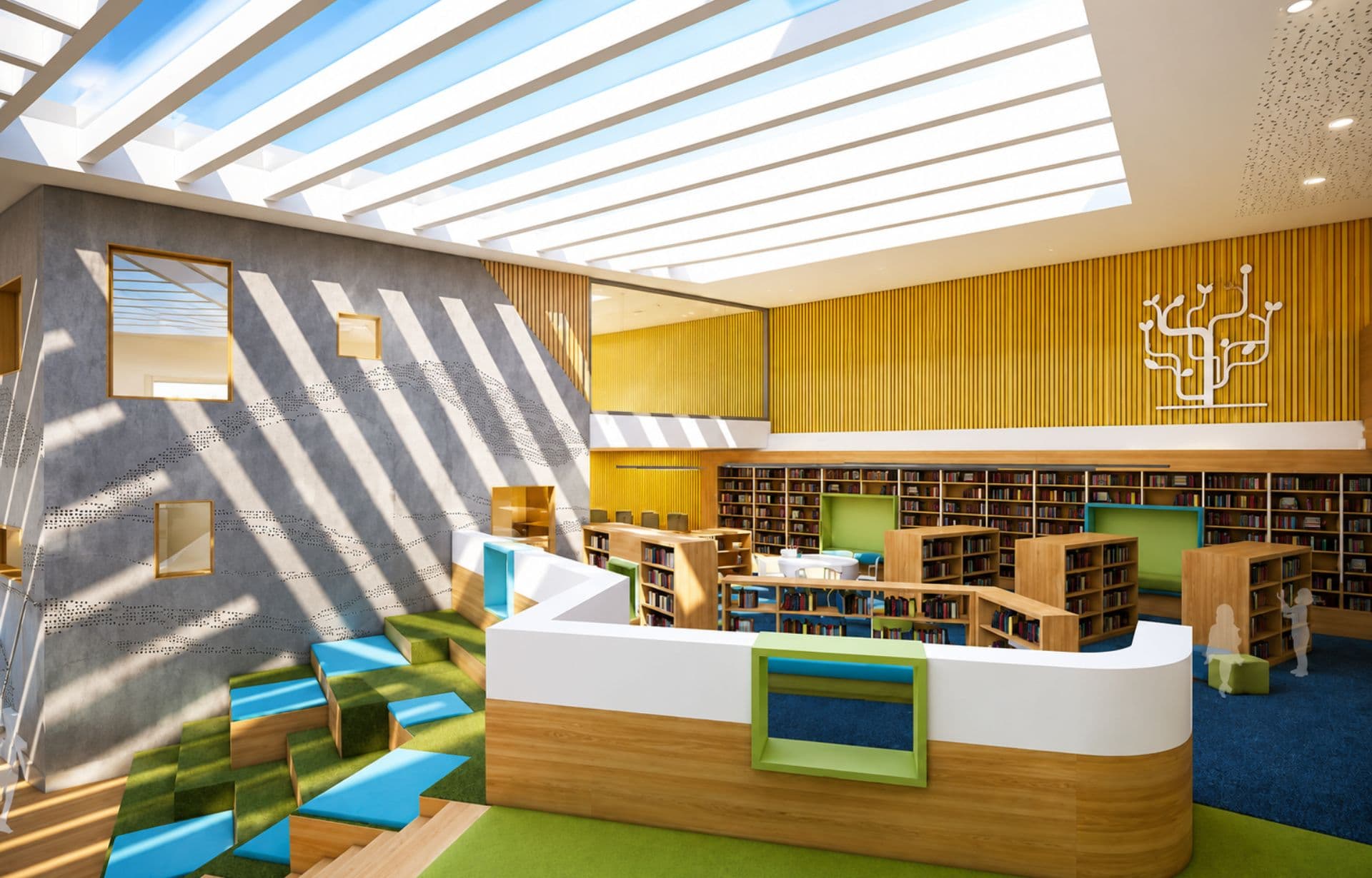 Modern library interior with skylight, bookshelves, colorful seating, and natural light streaming in.