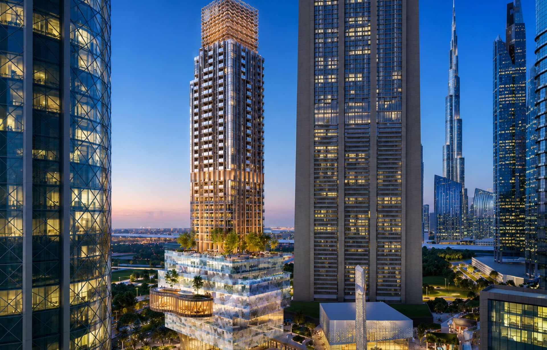 Modern illuminated skyscrapers at dusk with river view and architectural towers