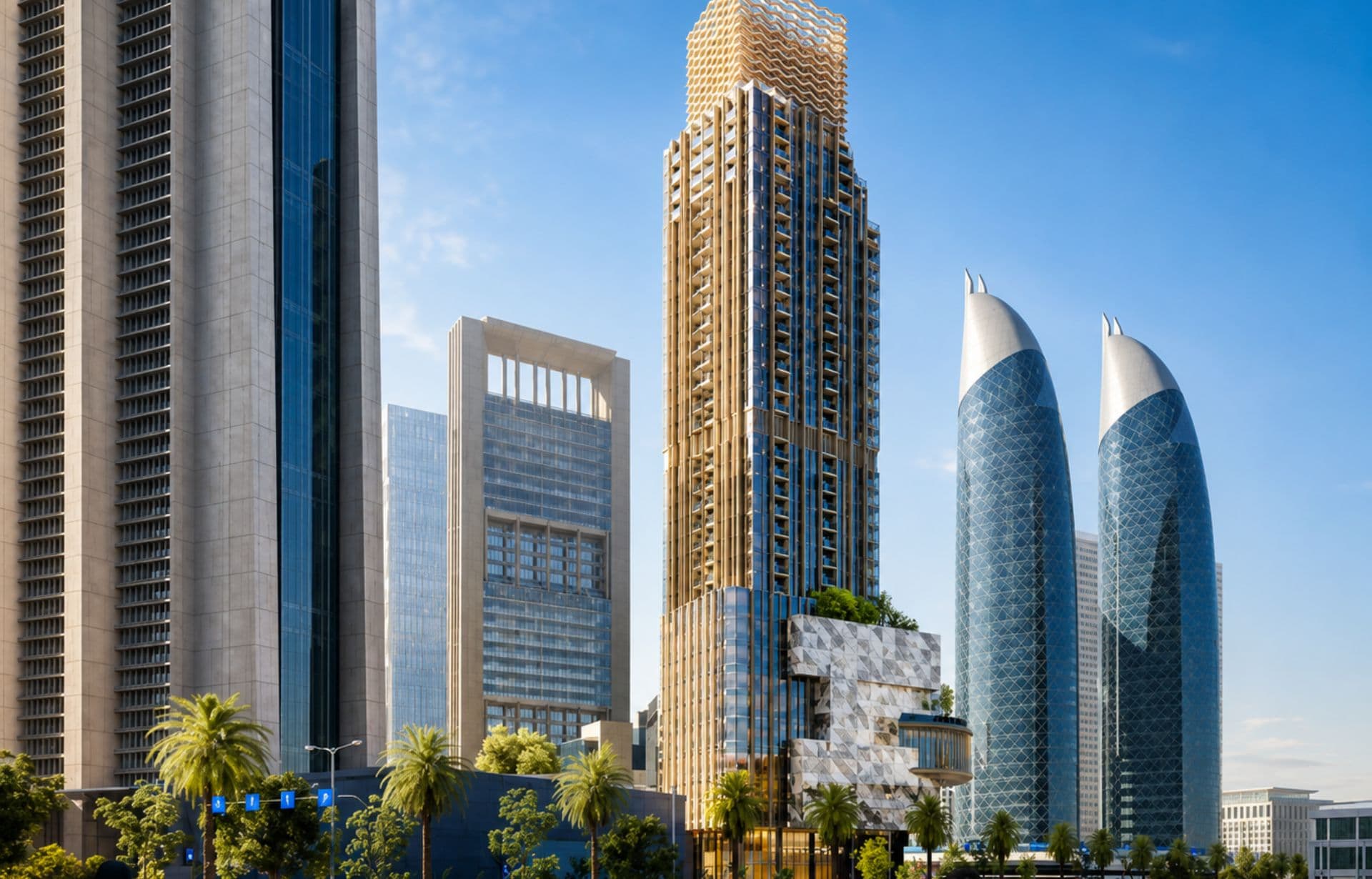 Modern skyline with golden tower and curved glass buildings under clear blue sky