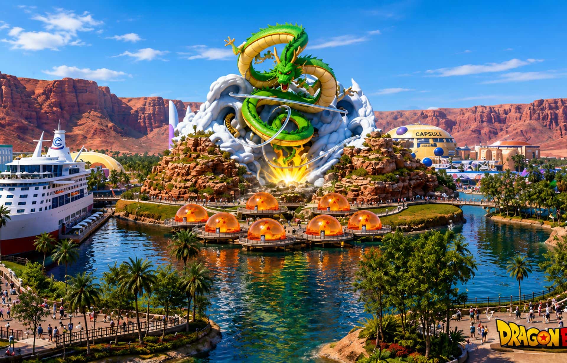 Giant green and gold dragon coils above fantasy theme park with orange domes and cruise ship.