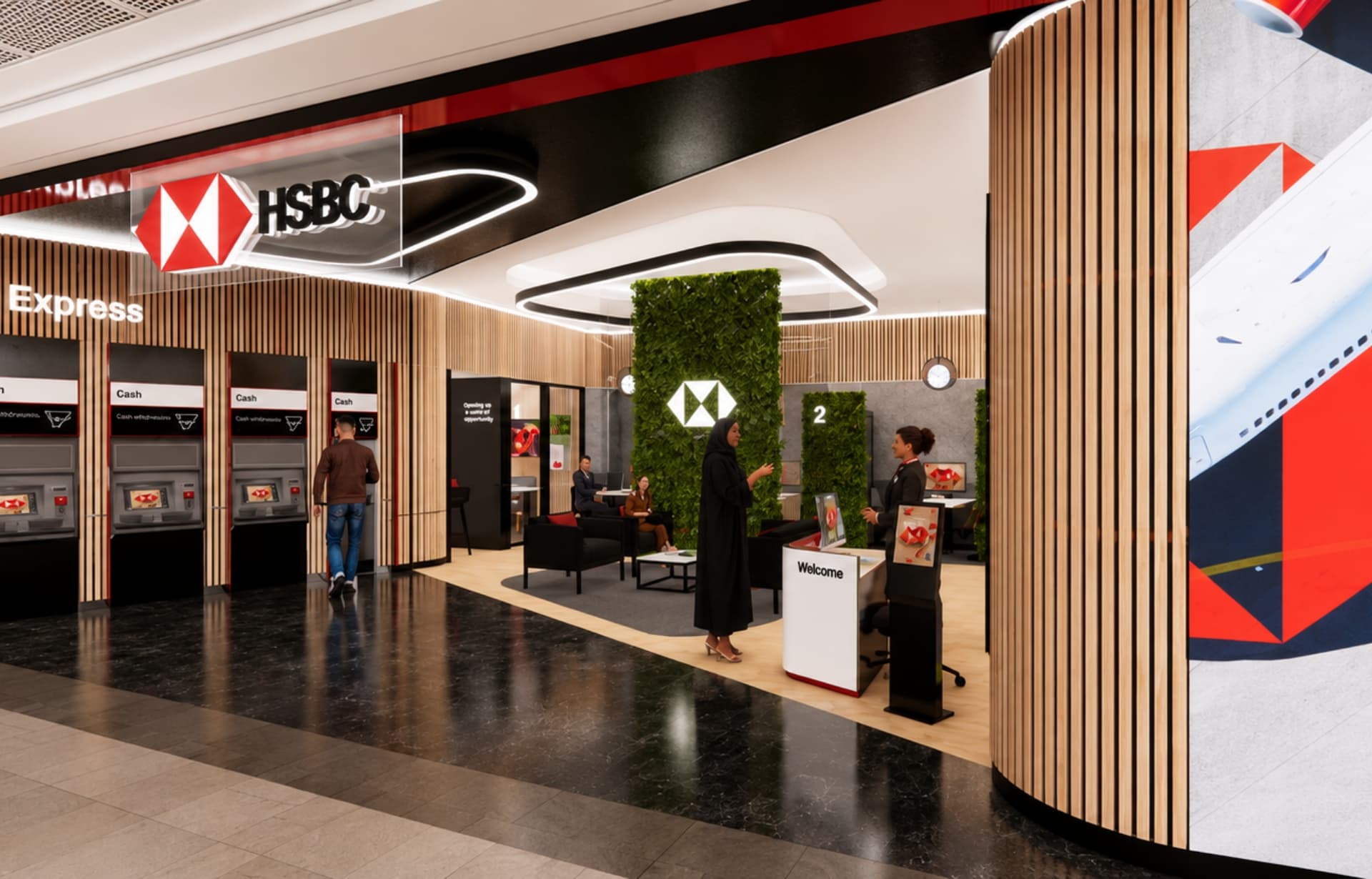 Modern HSBC bank branch interior with ATMs, welcome desk, and staff attending customers