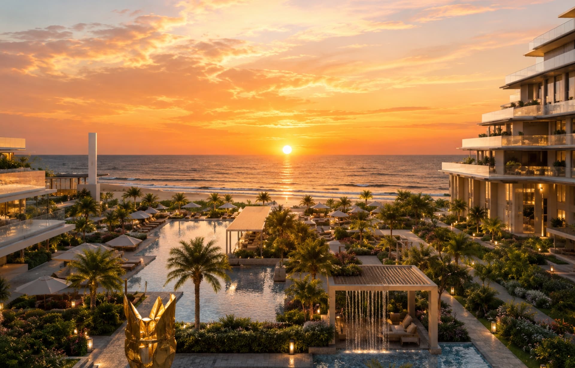 Luxury beachfront resort at golden sunset with palm trees and illuminated pools