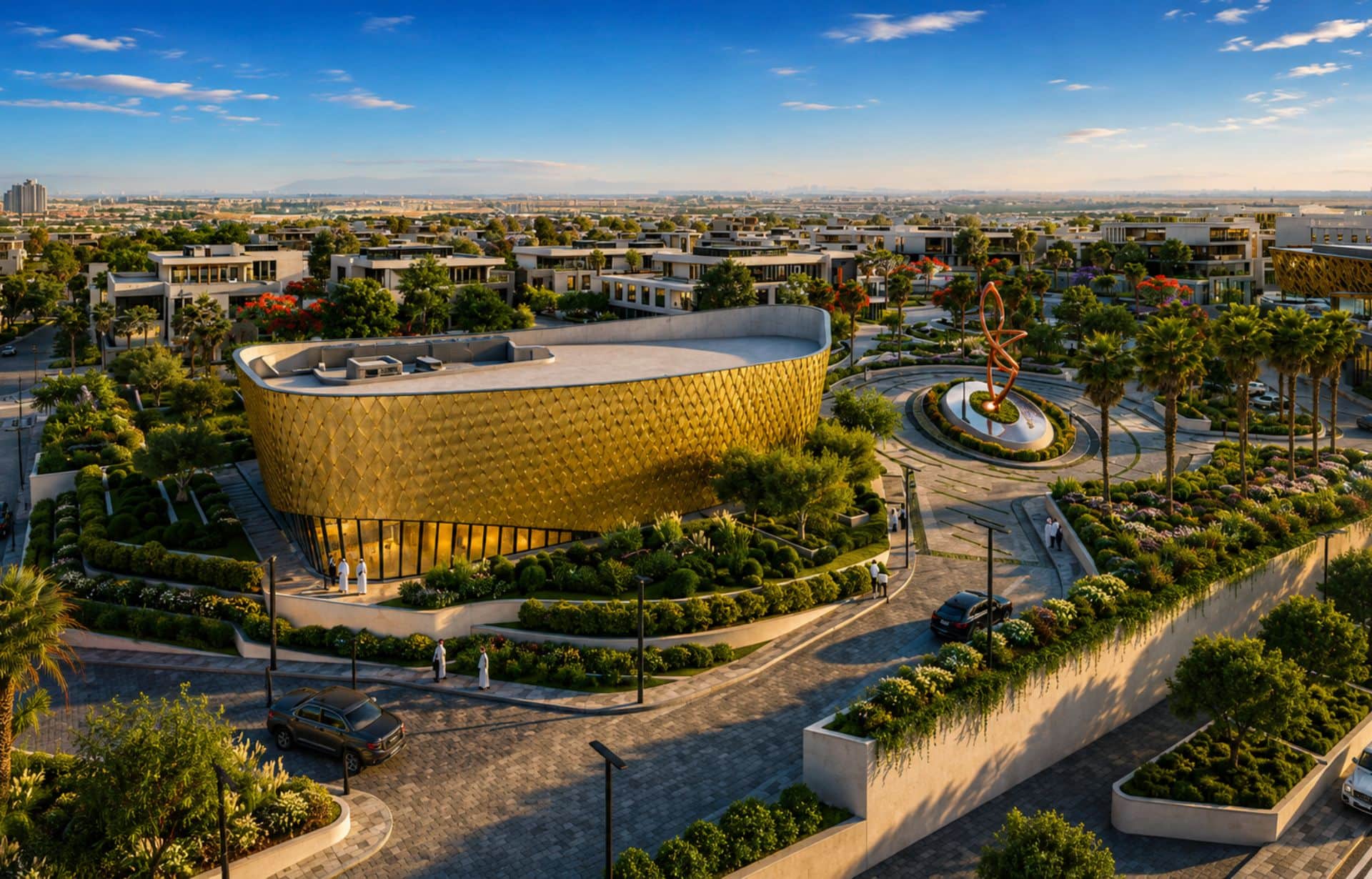 Golden curved building with rooftop pool in modern suburban landscape with greenery
