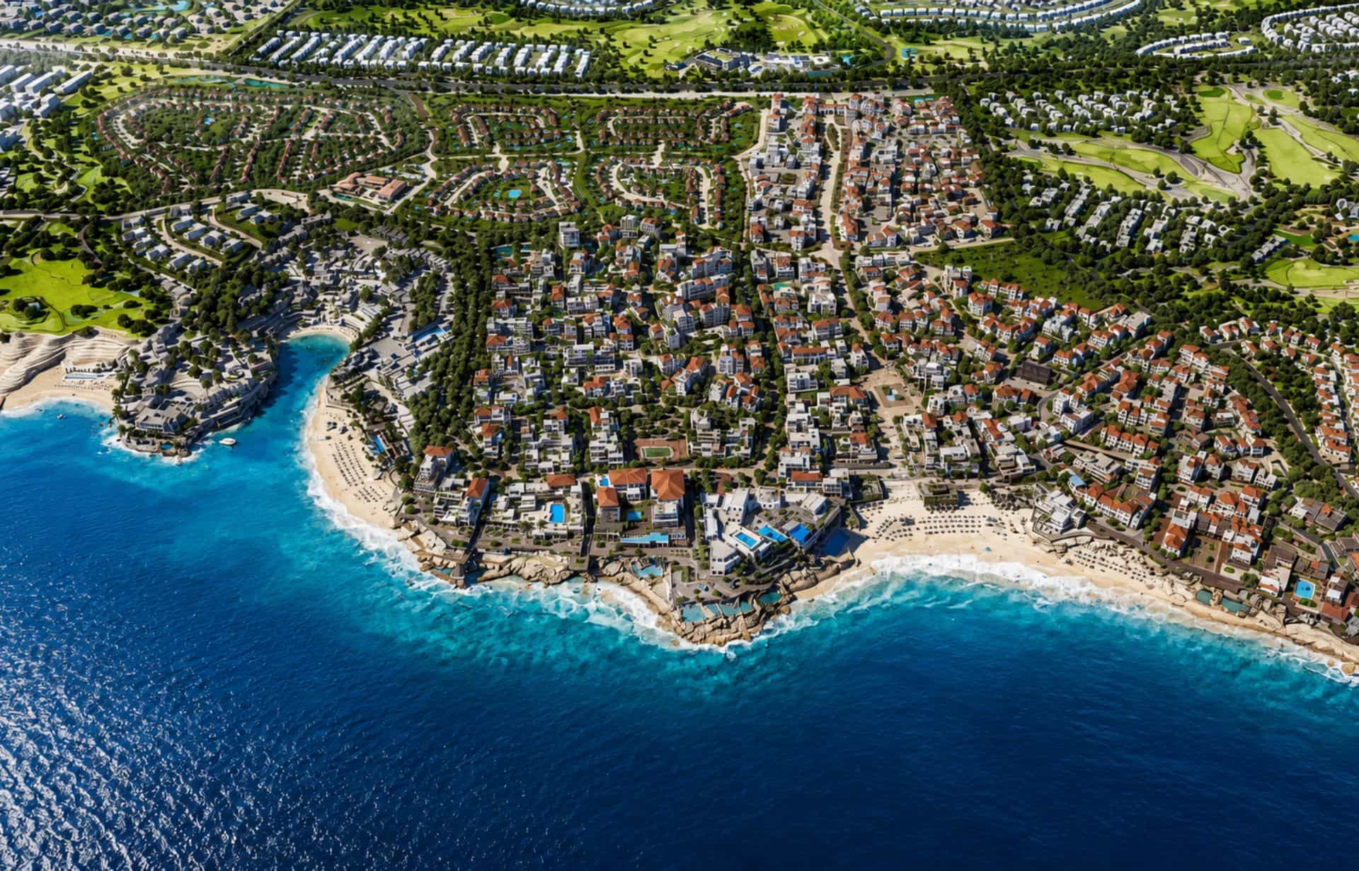 Aerial view of Mediterranean coastal resort town with beaches, turquoise water, and residential development.